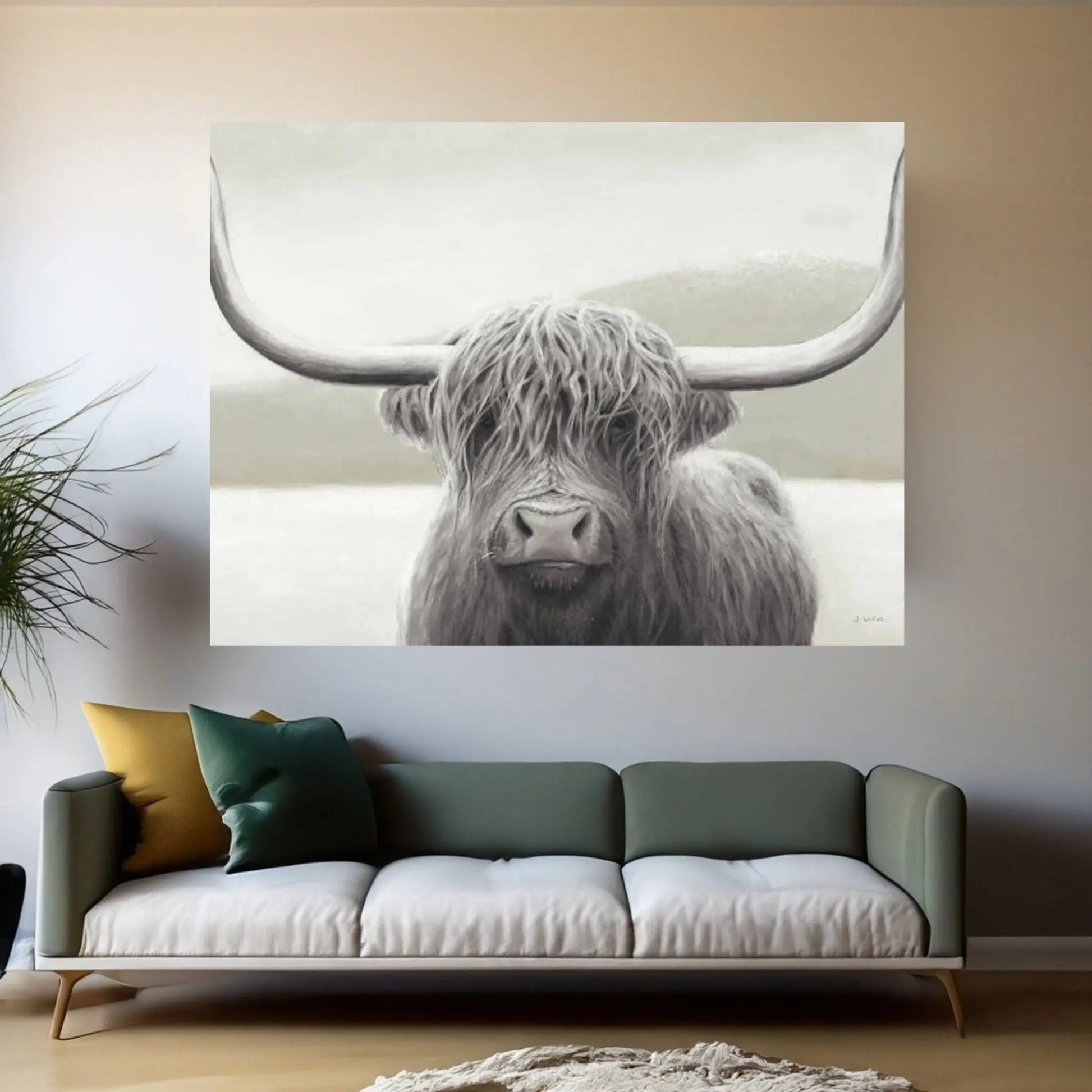 Highland Cow Neutral Canvas Wall Art - Y Canvas