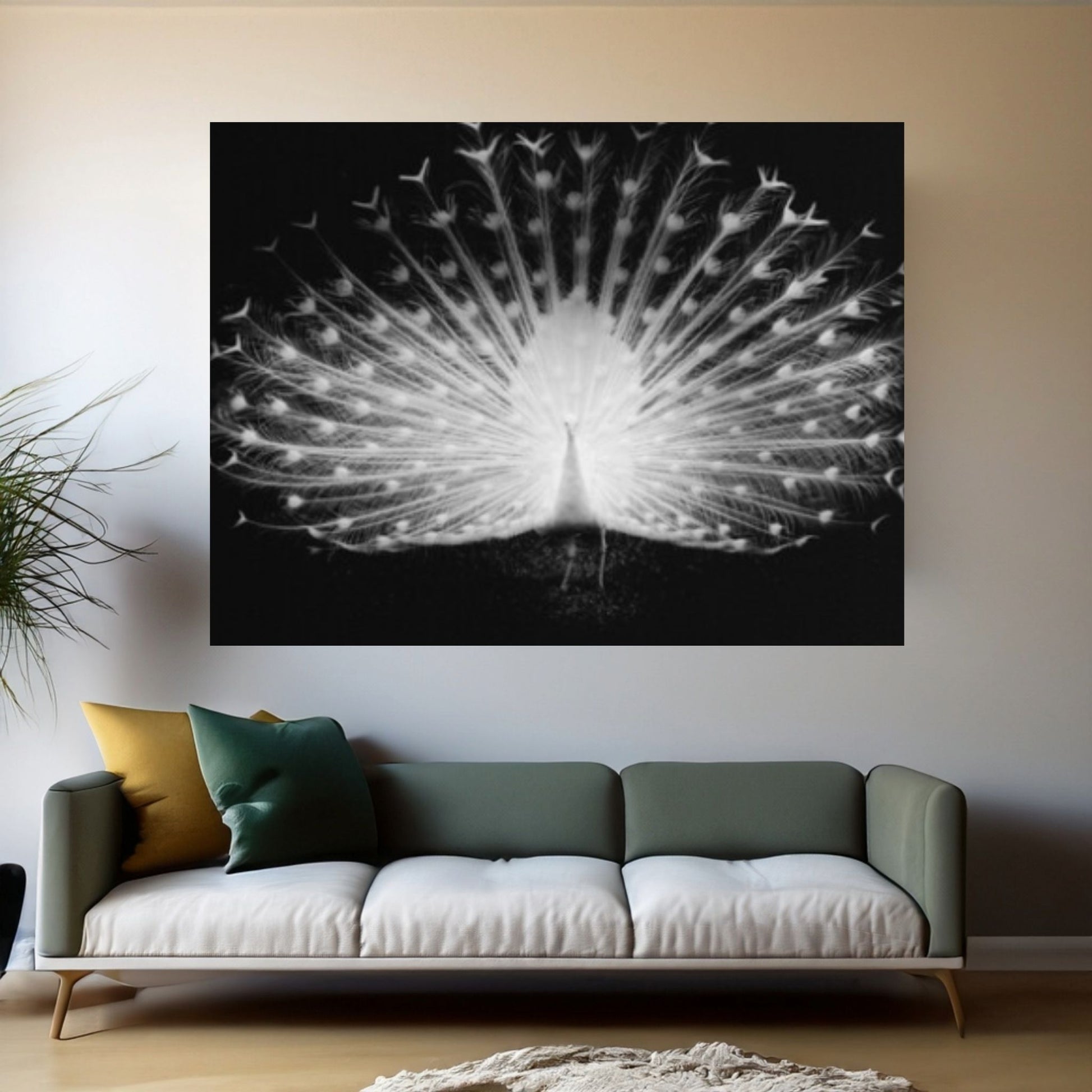 Peacock Black - White on Canvas, Office Decor Wall Art - Y Canvas