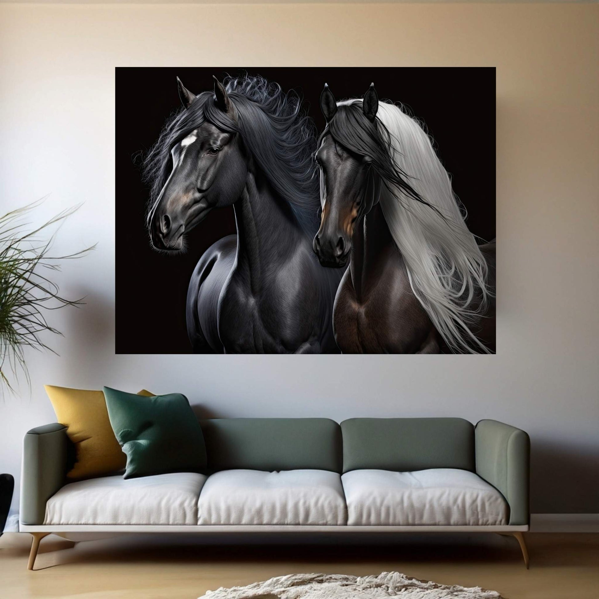 Brown and Black Horse Double Horse Canvas Wall Art Animal Art - Y Canvas