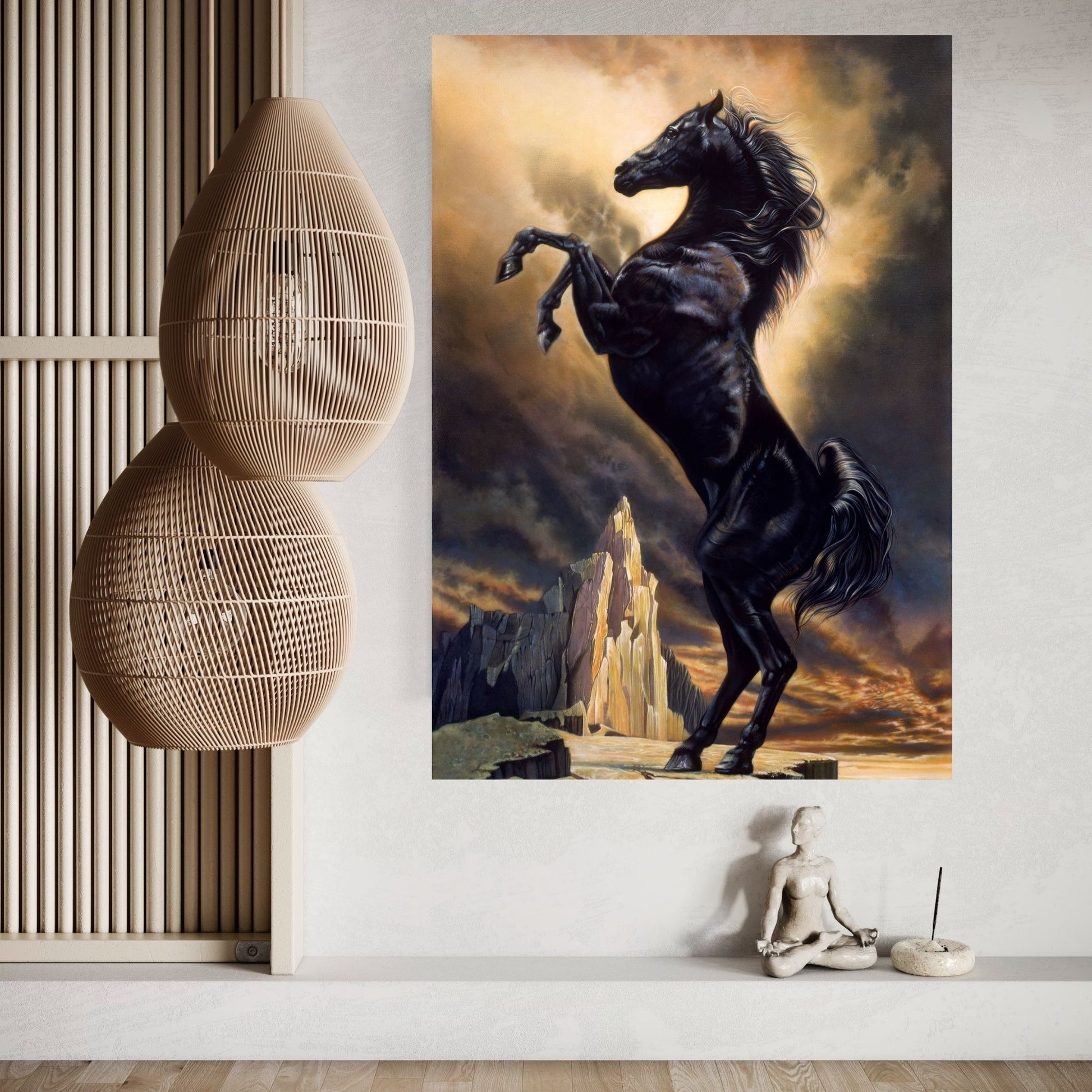 Midnight Majesty: The Rearing Black Stallion Canvas Wall Art - Y Canvas