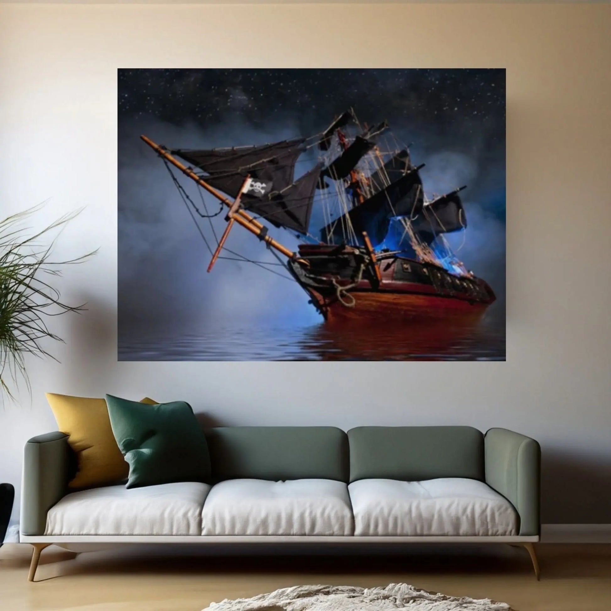 Large Dark Sea Pirates Ship Canvas Wall Art, Pirates Canvas Wall Print, Corsair on Sea Wall Hangings, Dark Colours Boat Room Decor - Y Canvas