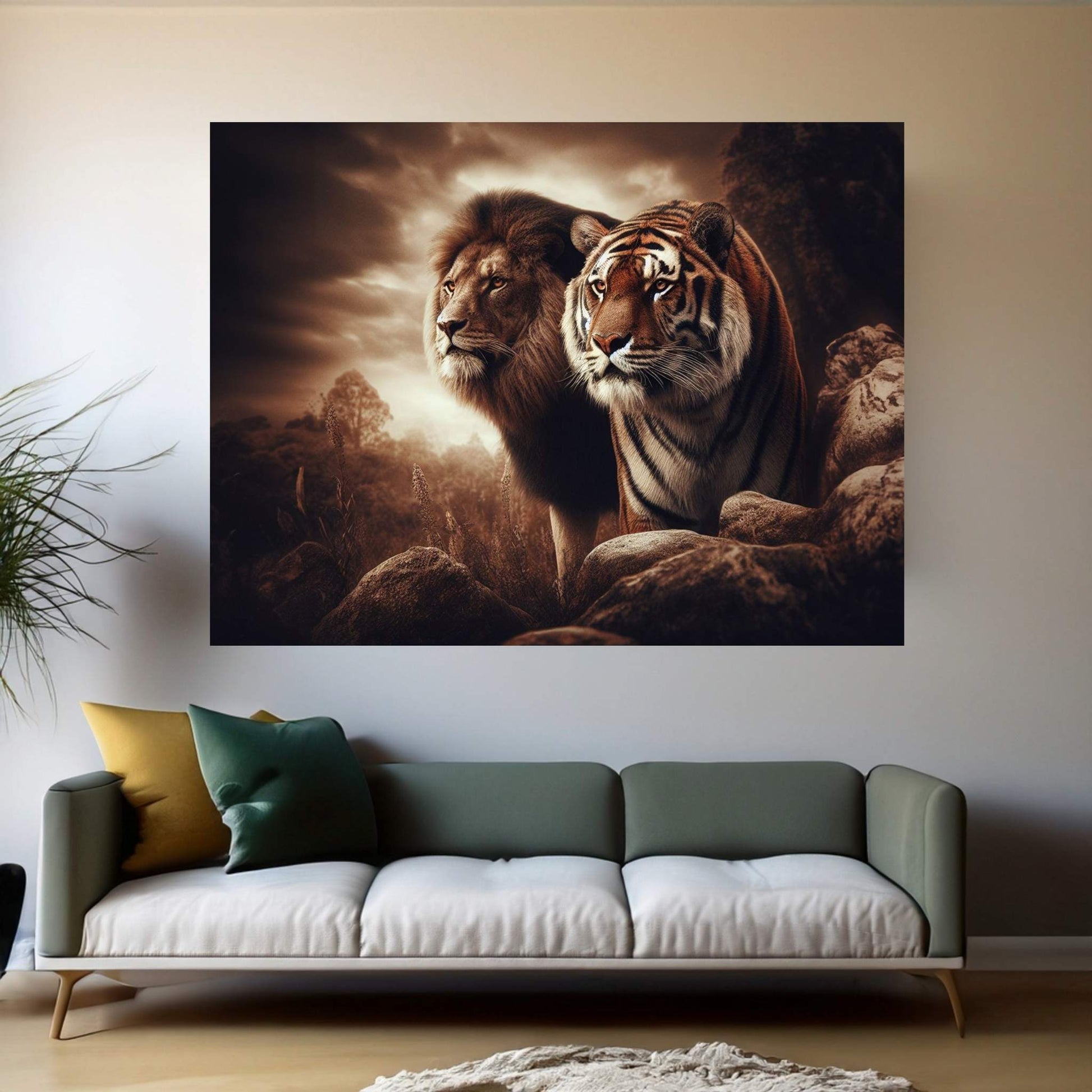 Lion and Tiger Couple Canvas Print Art,Animal Wall Art, Canvas Wall Art - Y Canvas