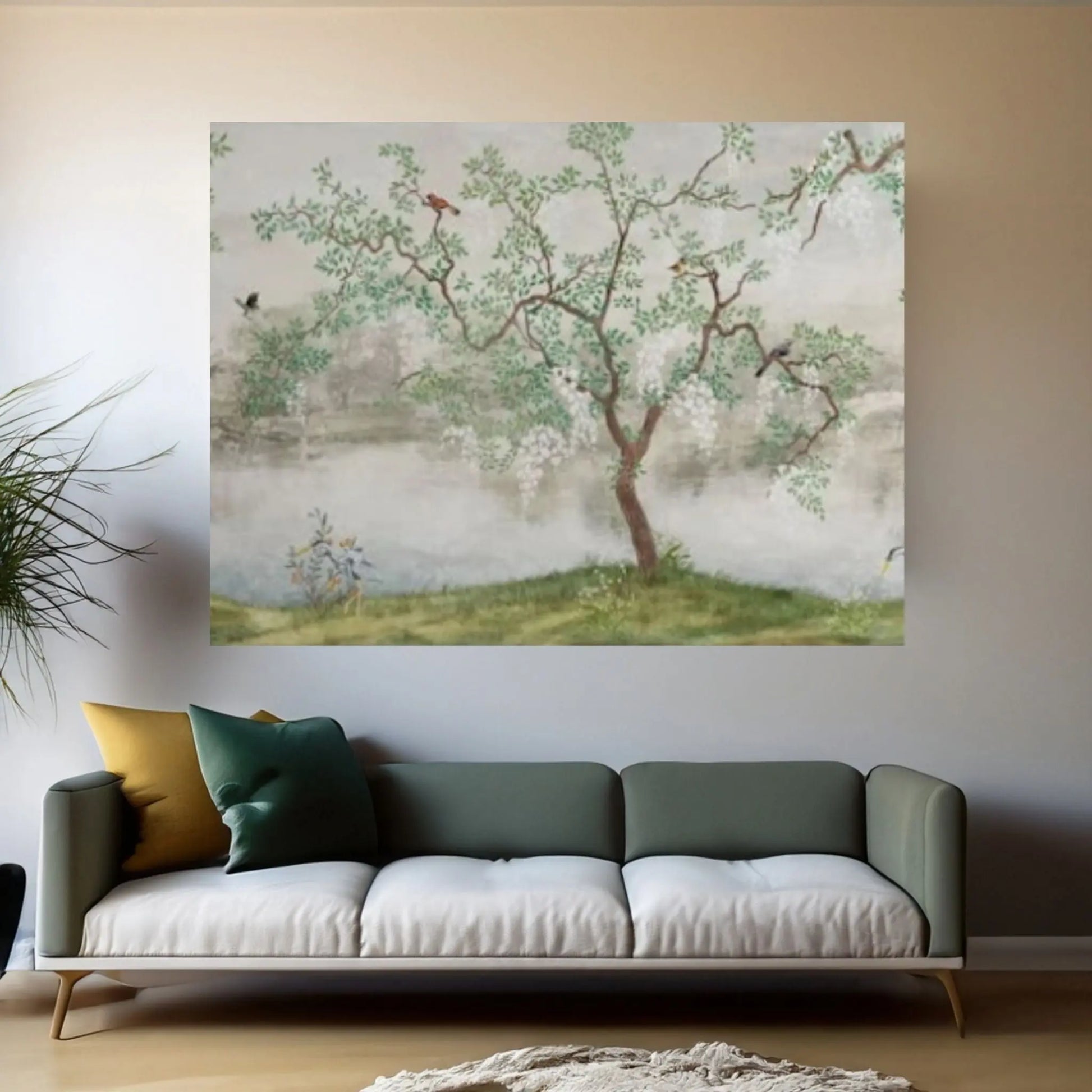 Japanese Landscape Painting of Pine Trees Canvas Wall Art,Distant Mountains,Cloud and Sunrise.Japanese Painting - Y Canvas