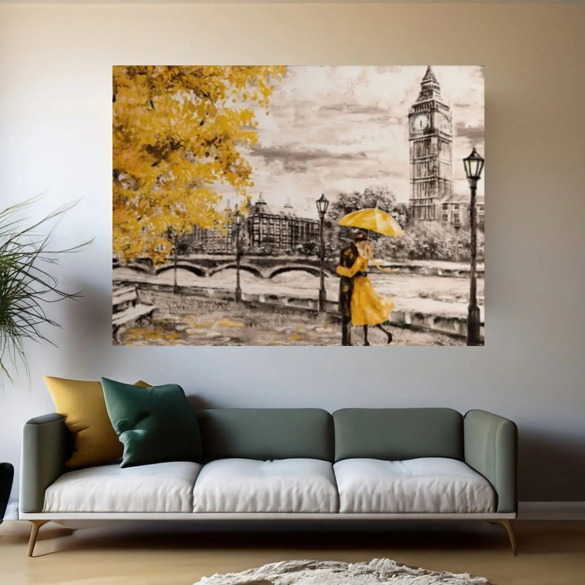 England Bridge illustration Man and woman under Yellow umbrella photo London street Oil painting Canvas Wall Art - Y Canvas