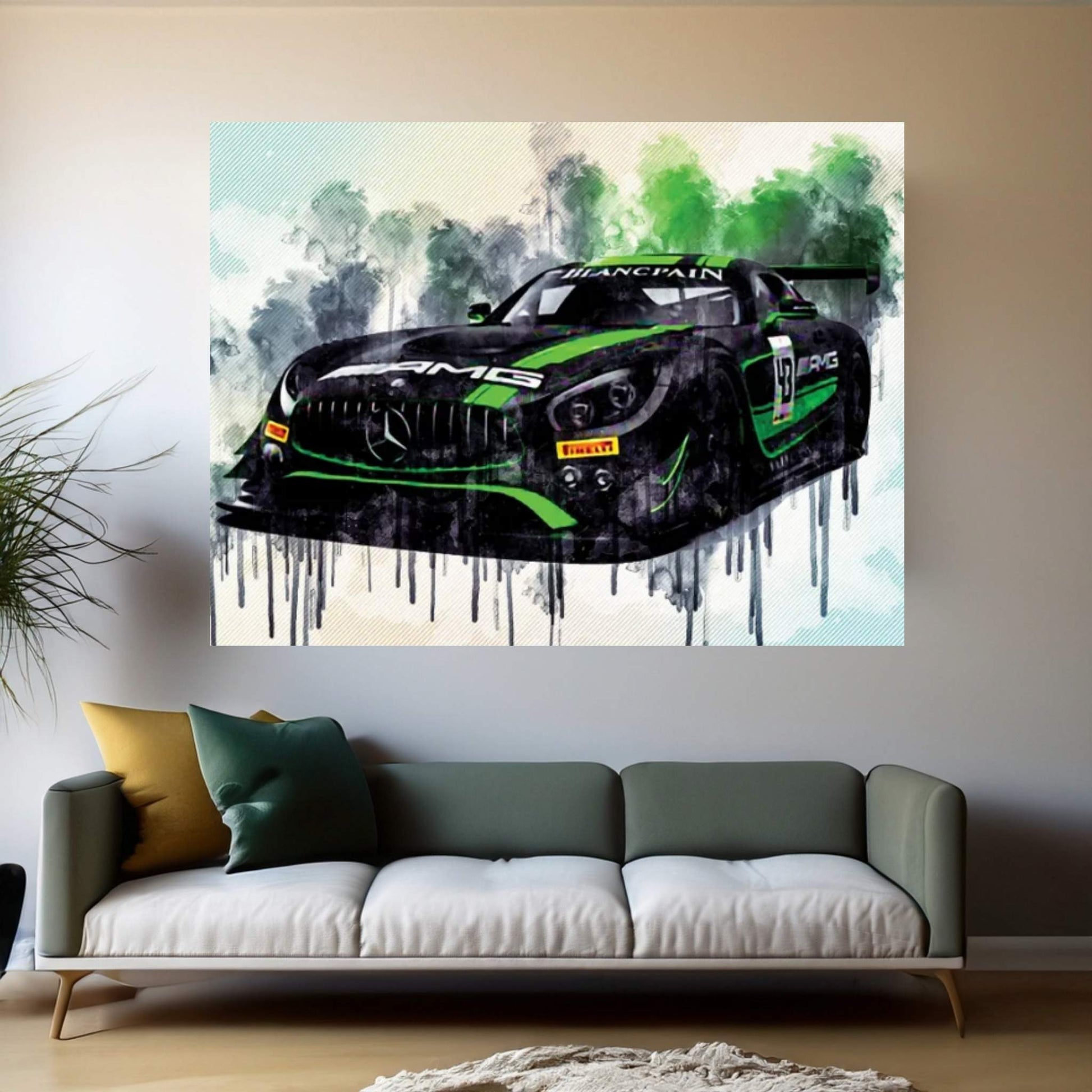 Mercedes-Amg 2018 Dtm Front View Strakka Racing Black Green Sports German Sports Cars Canvas Wall Art - Y Canvas