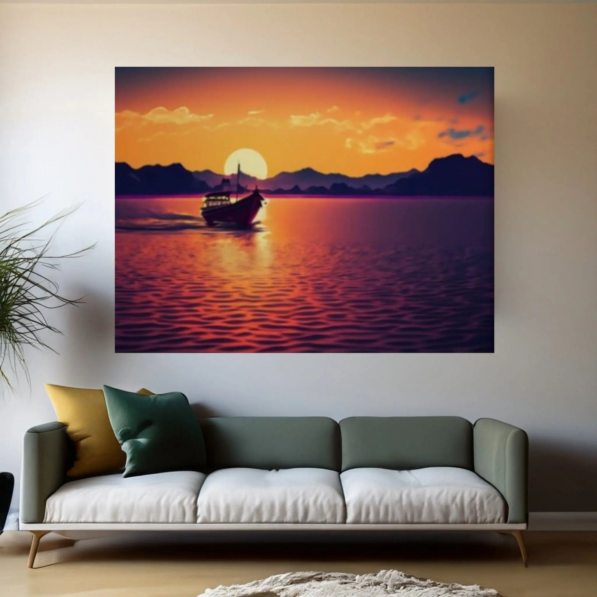 Sunset and Boat Canvas Wall Art, Home Decor Landscape Art Print - Y Canvas