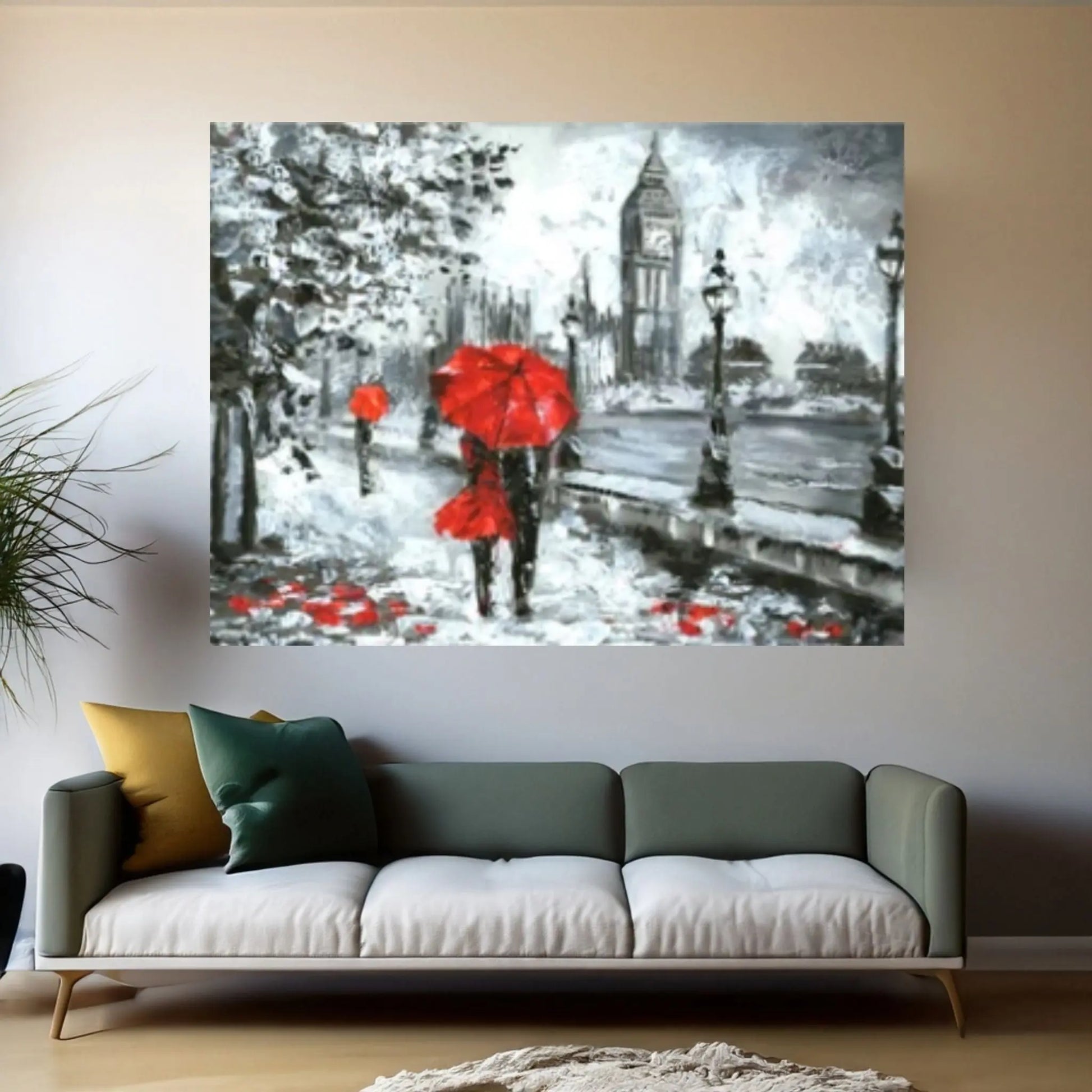 England Bridge illustration Man and woman under red umbrella photo London street Oil painting Canvas Wall Art - Y Canvas