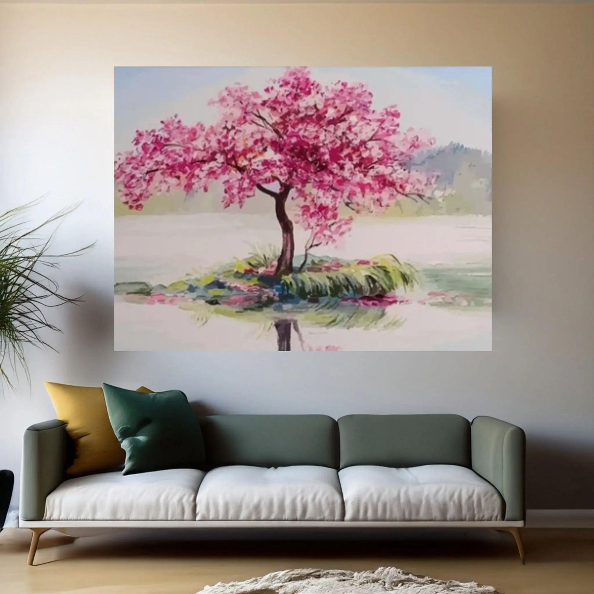 Pink Tree Painting Print, View Wall Print, Landscape Wall Mural, Pink Tree Wall Art - Y Canvas