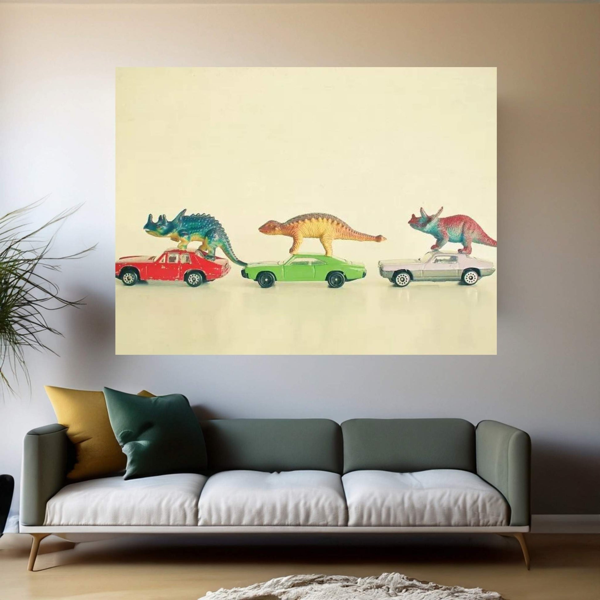 Dinosaurs Ride Cars Canvas Wall Art - Y Canvas