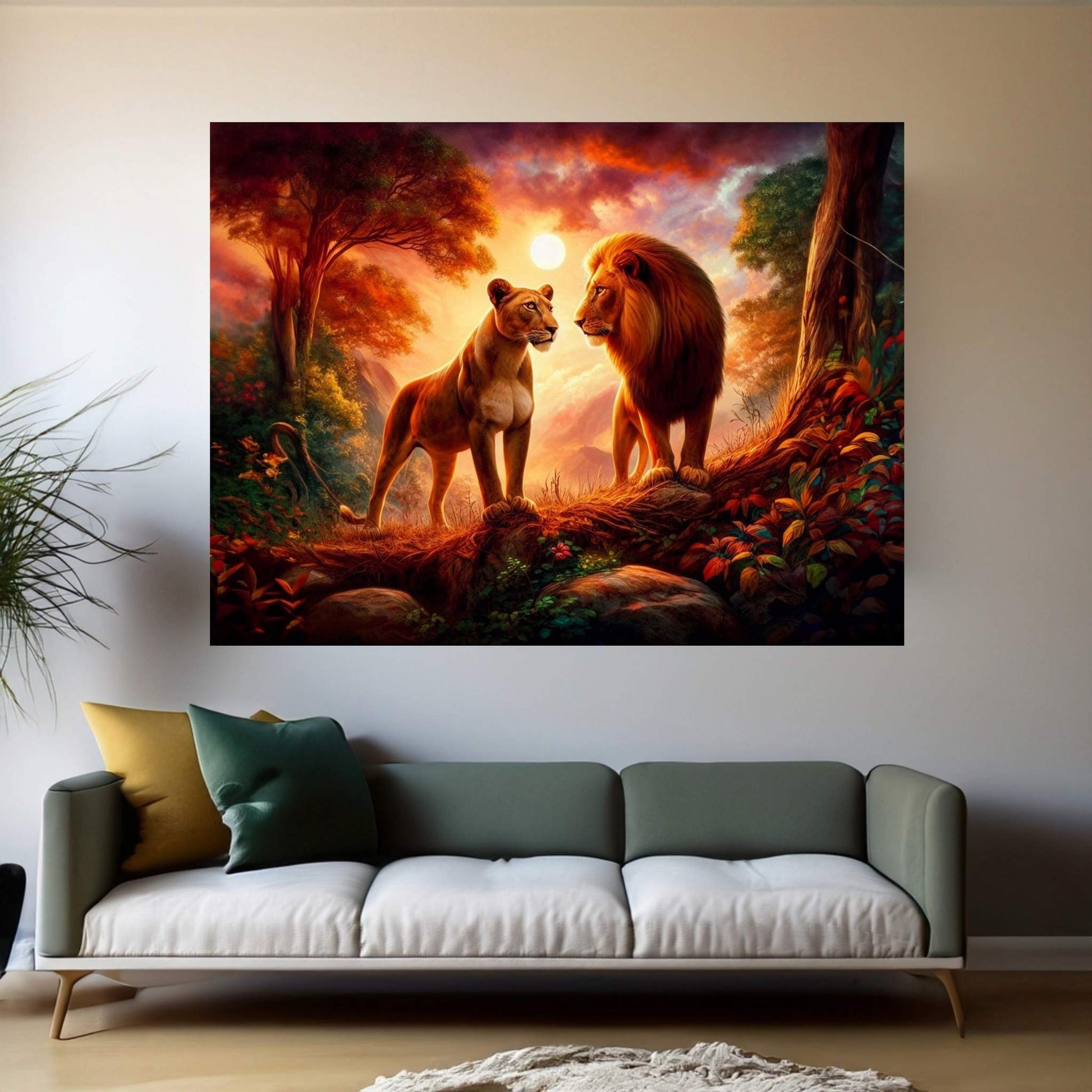 Lion and Tiger Couple Canvas Print Art,Animal Wall Art, Canvas Wall Art - Y Canvas