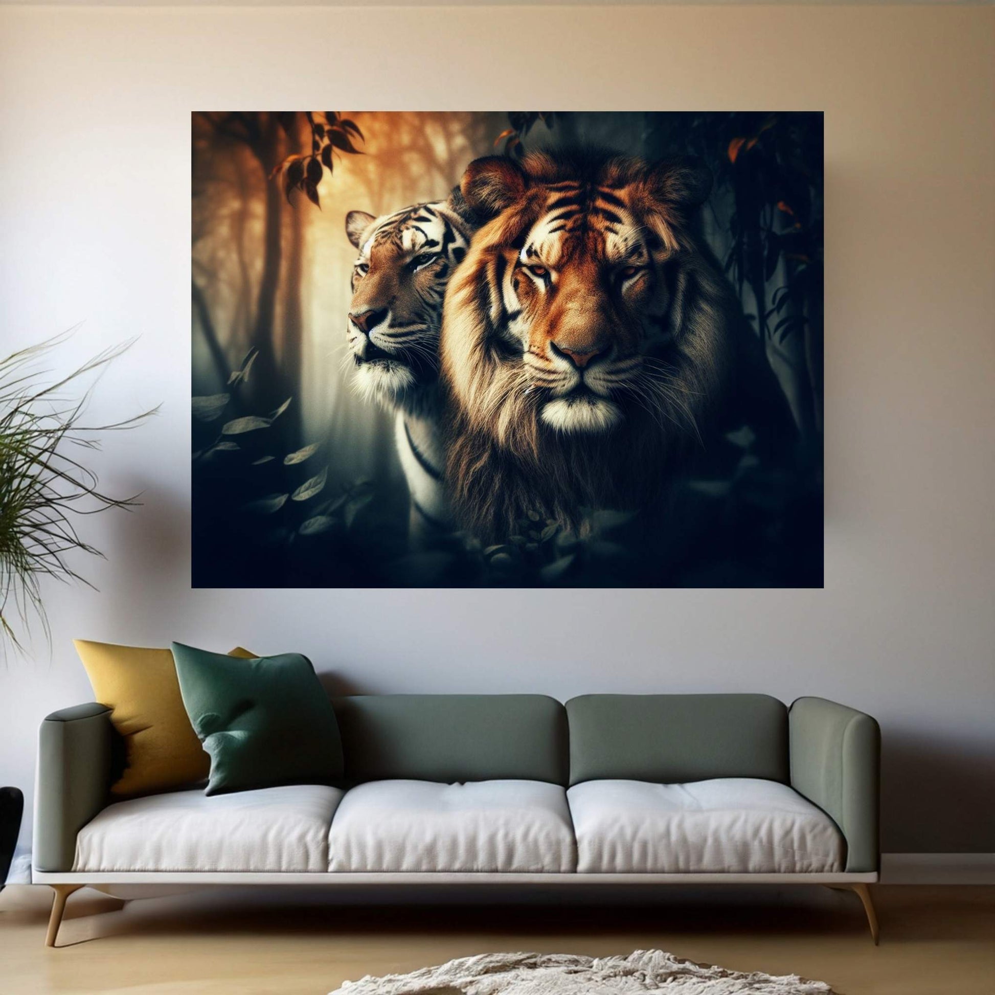 Lion and Tiger Couple Canvas Print Art,Animal Wall Art, Canvas Wall Art - Y Canvas