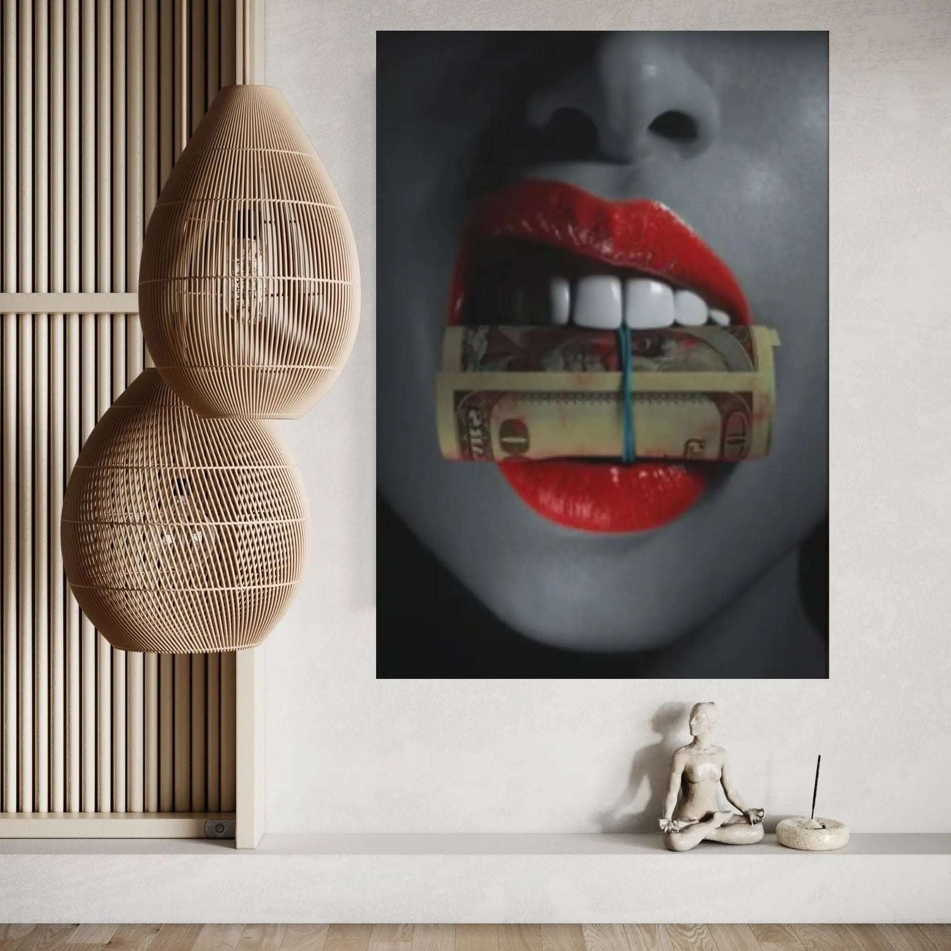 Red Lips Canvas Wall Art, Women Lips Canvas Wall Print, Money Cigar Between Lips Wall Hangings - Y Canvas