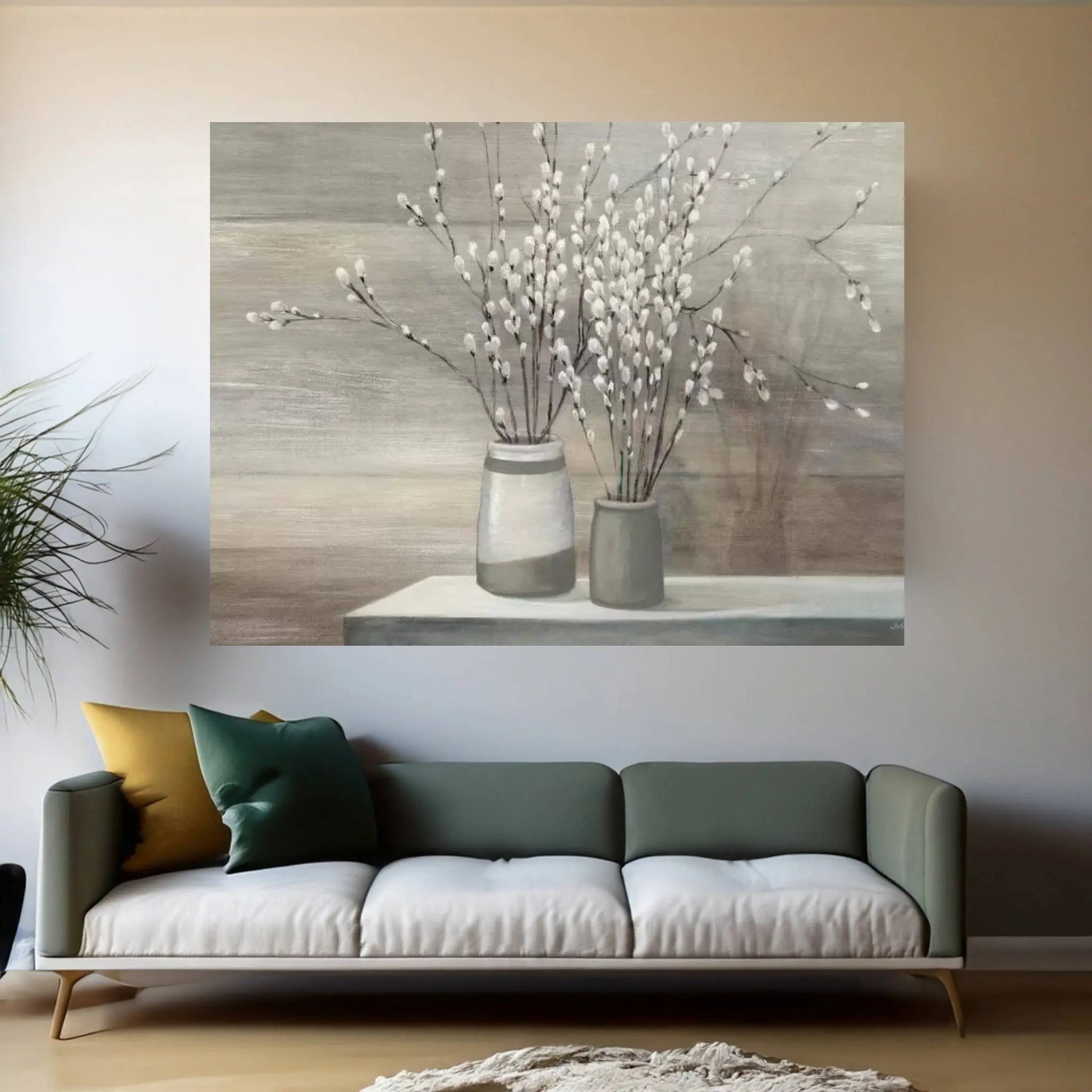 Pussy Willow Still Life Gray Pots Canvas Wall Art - Y Canvas