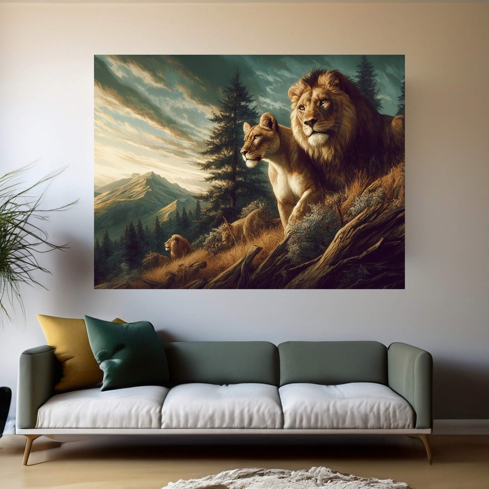 Lion and Tiger Couple Canvas Print Art,Animal Wall Art, Canvas Wall Art - Y Canvas