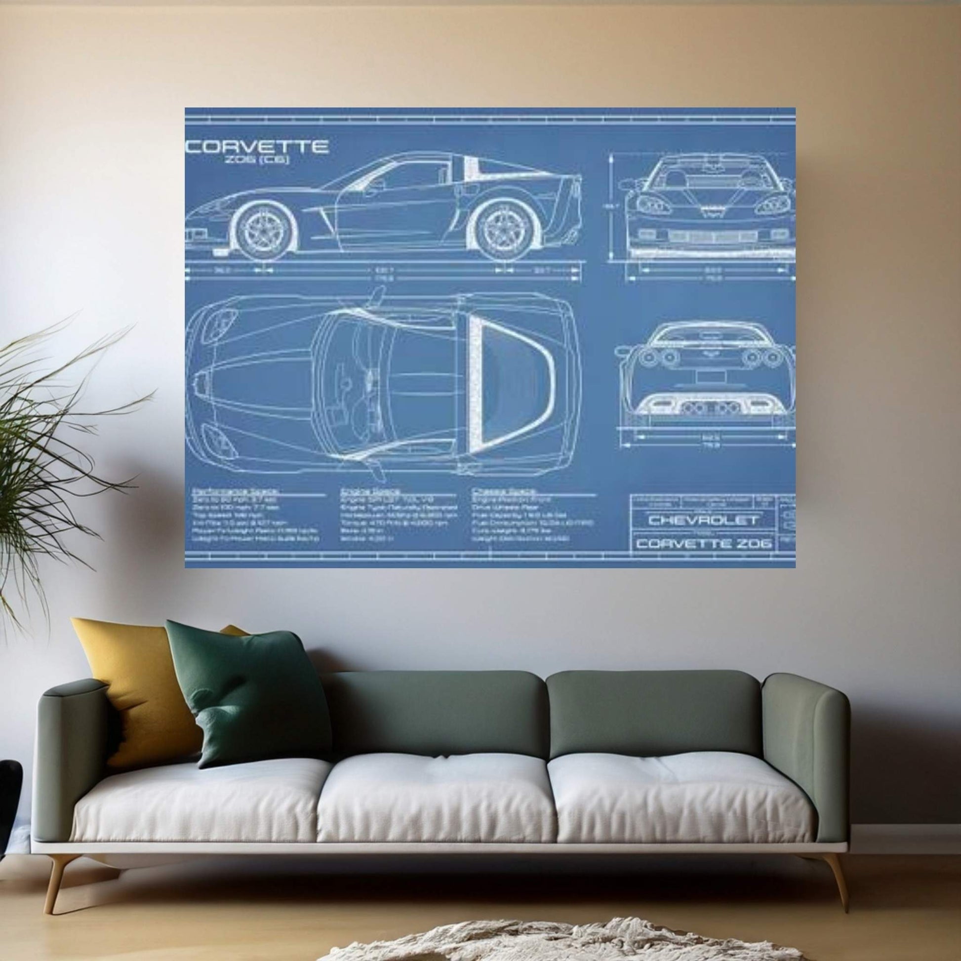 Corvette (C6) Z06 Blueprint Canvas Wall Art - Y Canvas