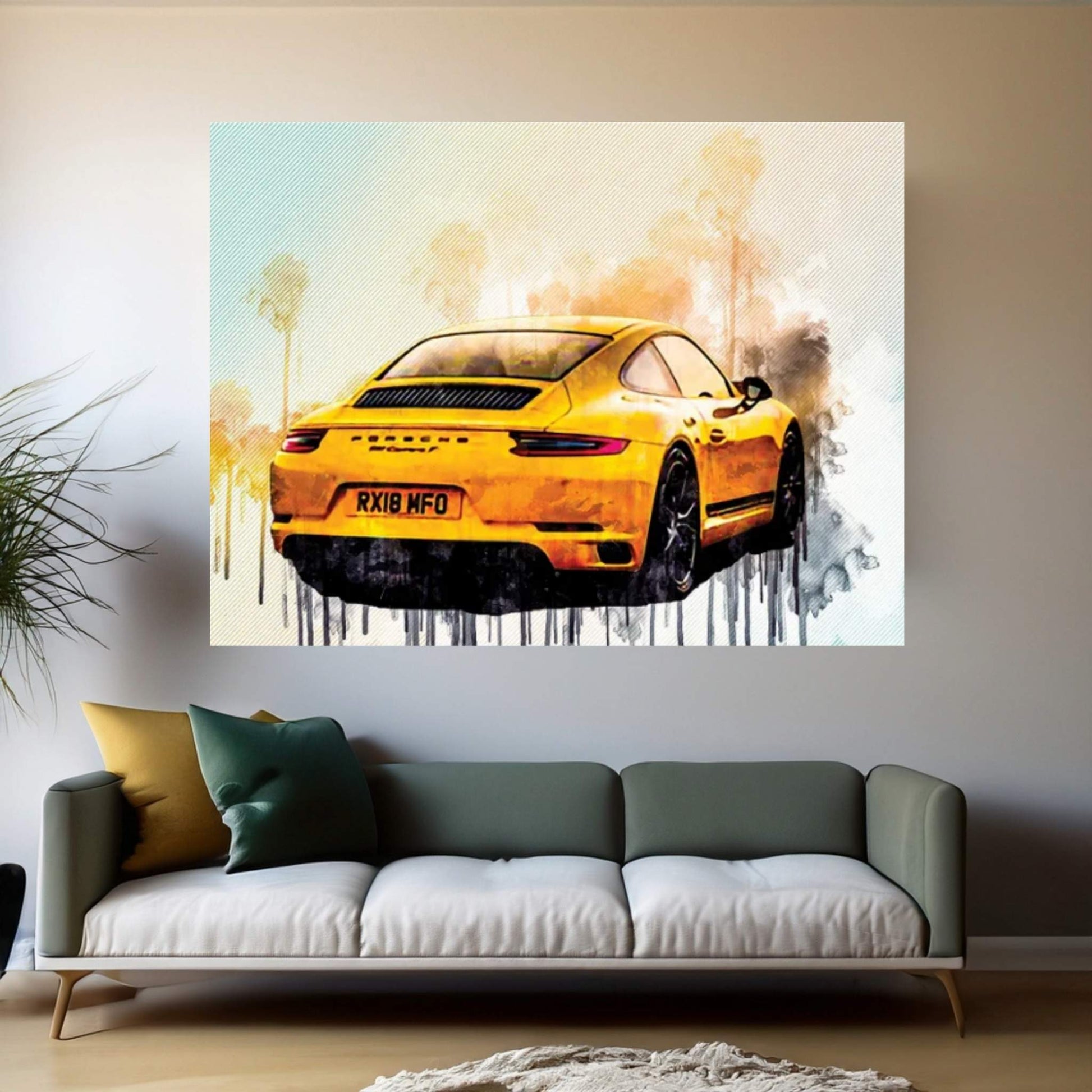 Porsche 911 Carrera T 2018 Yellow Sports Coupe Rear View Sports Car German Sports Cars Canvas Wall Art - Y Canvas