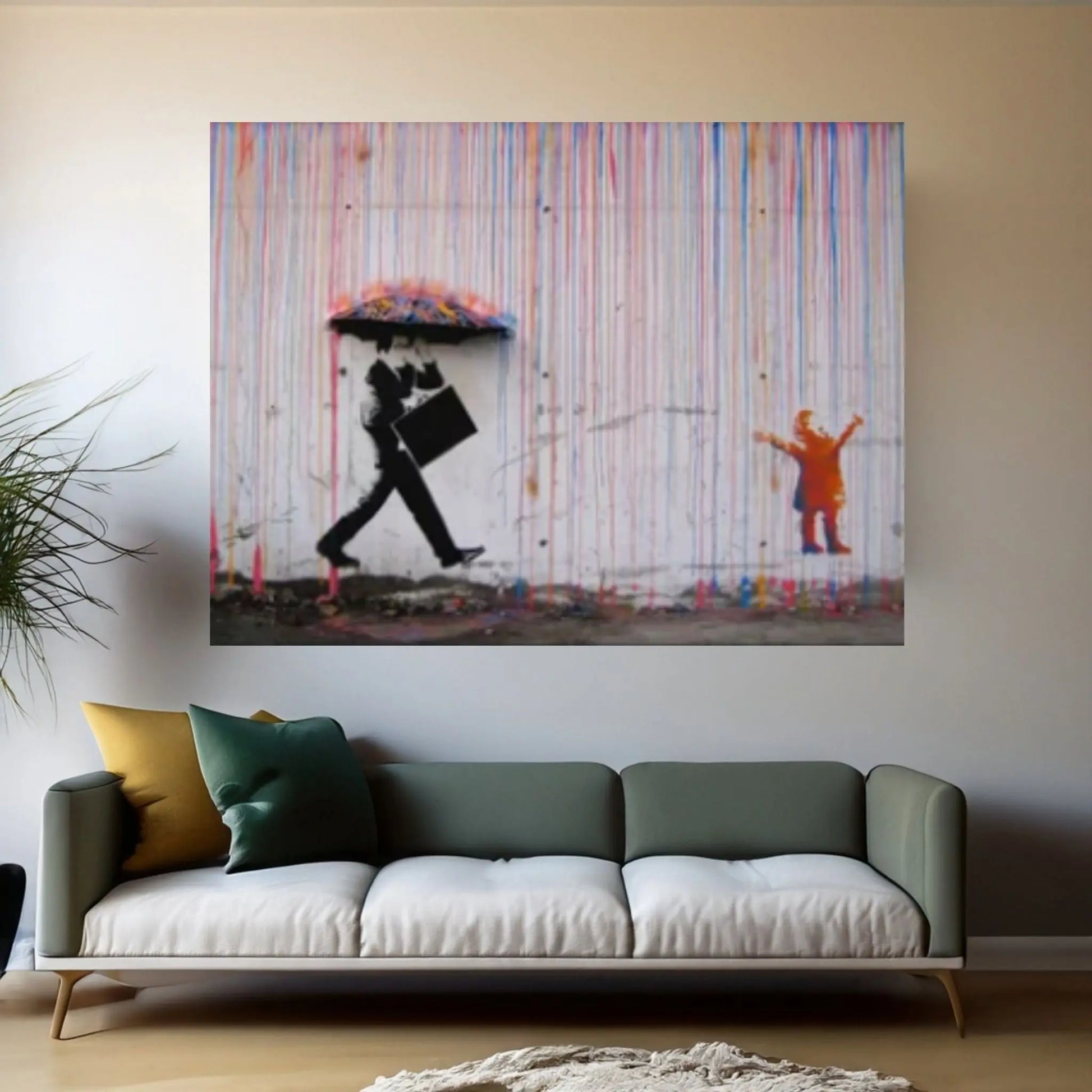 Banksy Poster, Rainbow Umbrella Canvas, Colourful Graffiti Decor, Banksy Canvas Wall Art, Graffiti Print, Banksy Street Art - Y Canvas