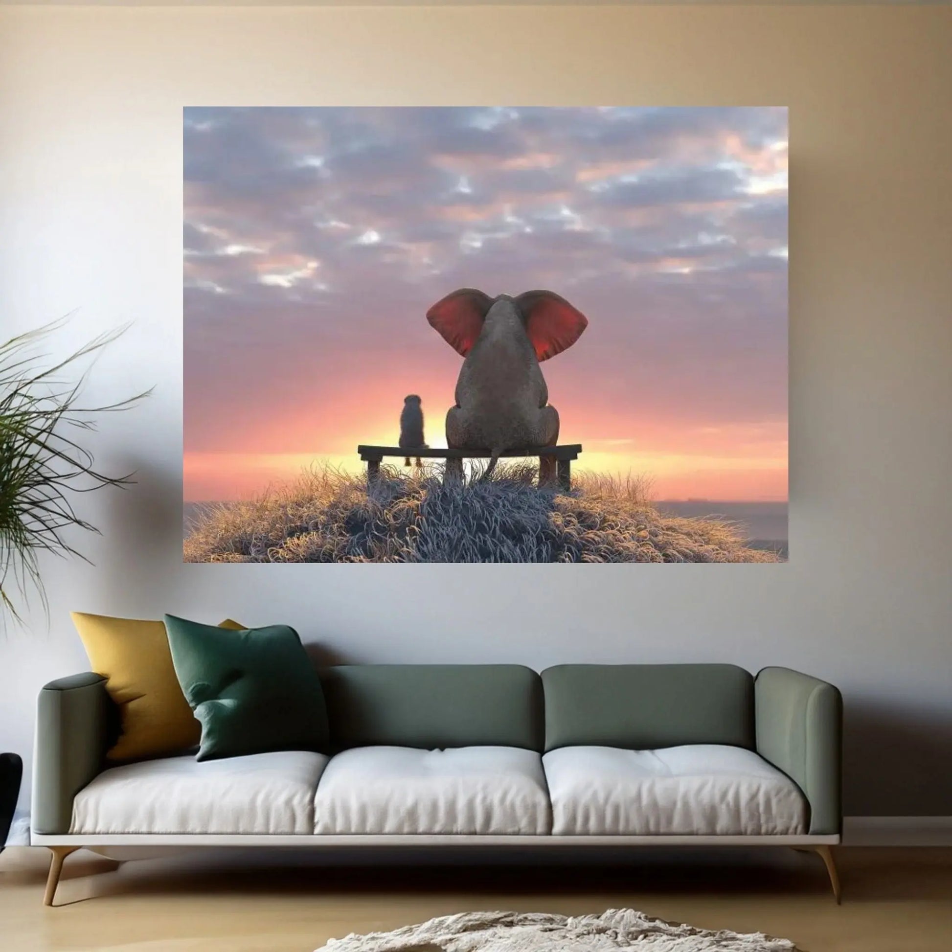 Elephant And Dog Watch The Sunrise On The Seashore Canvas Wall Art - Y Canvas