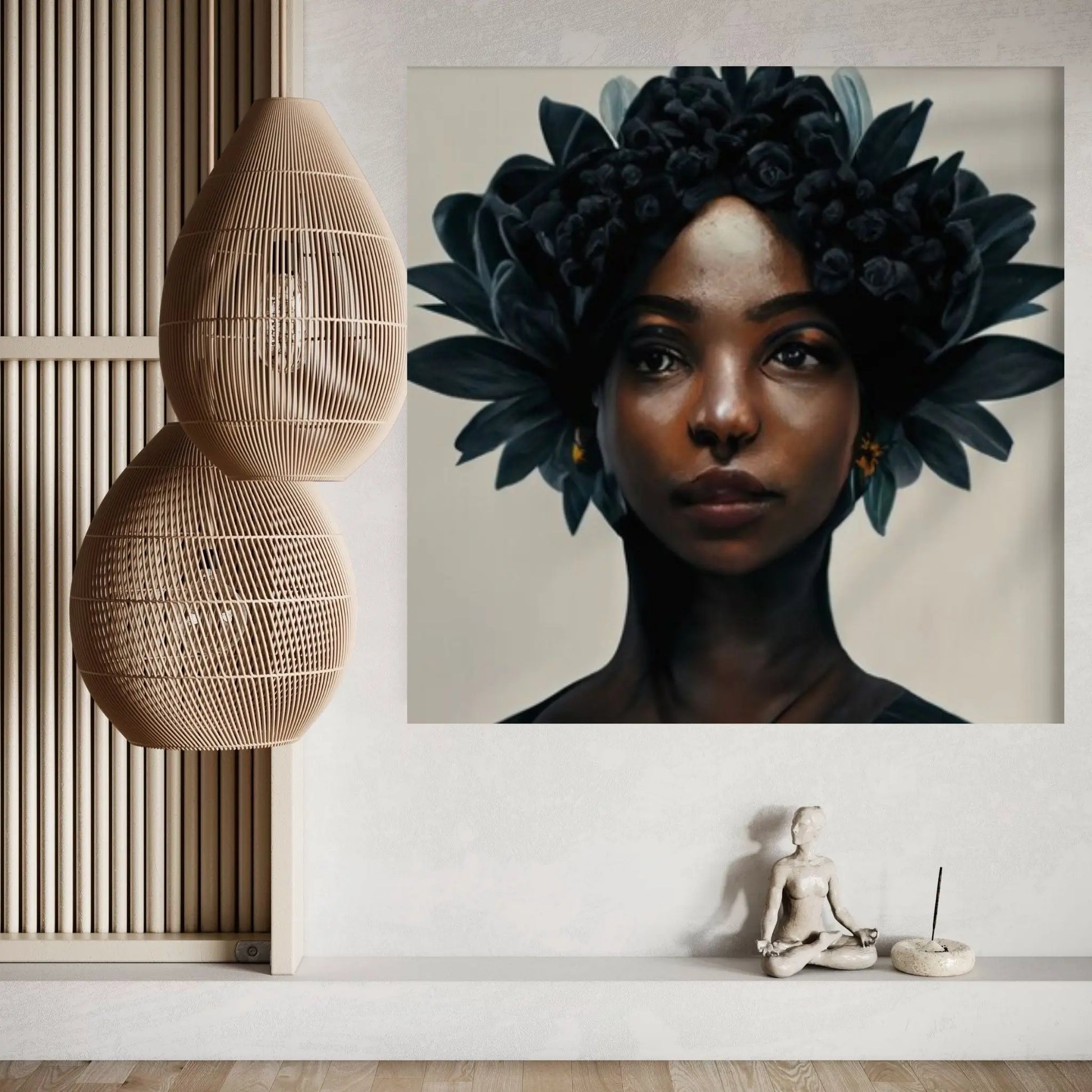 Black woman head flowers Canvas wall art,Black art, Black girl print, flower woman painting, Girl Flowers Poster - Y Canvas