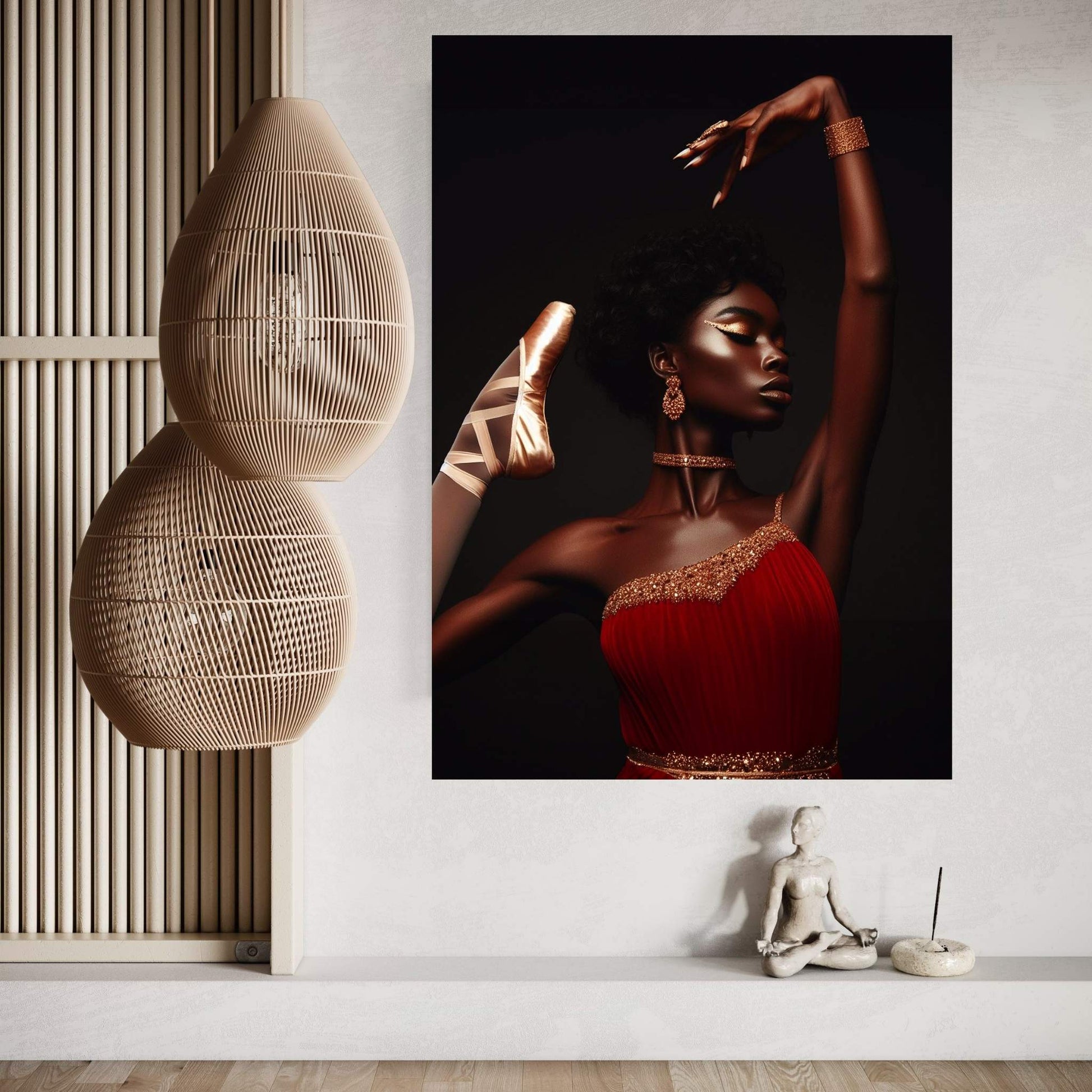 African Black Woman Ballerina in Red Dress Canvas Wall Art Home Decor - Y Canvas