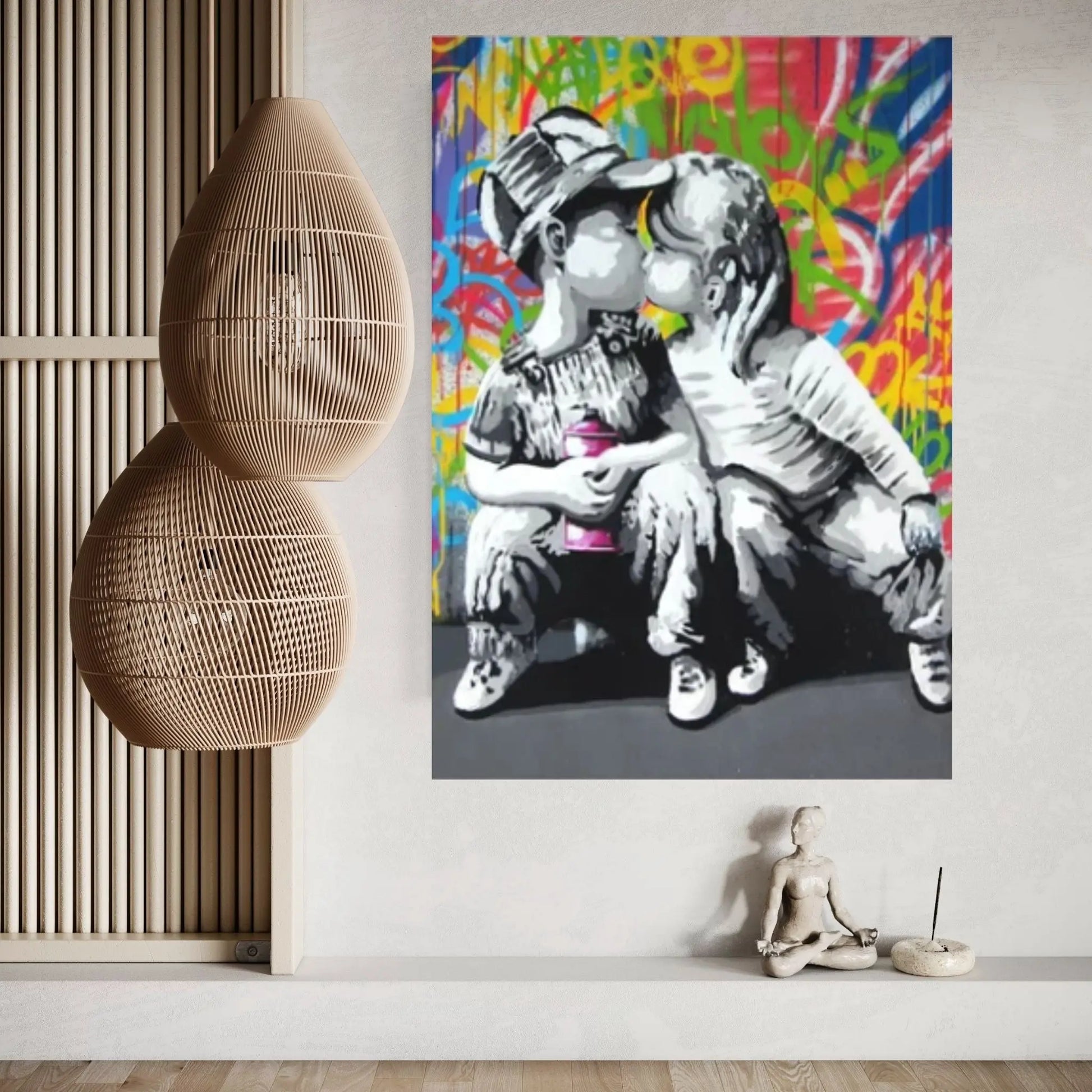 Banksy Art Canvas-Banksy Graffiti "Kids Sweet Kiss" Street Art Canvas Wall Art Poster Print Home Decor - Y Canvas