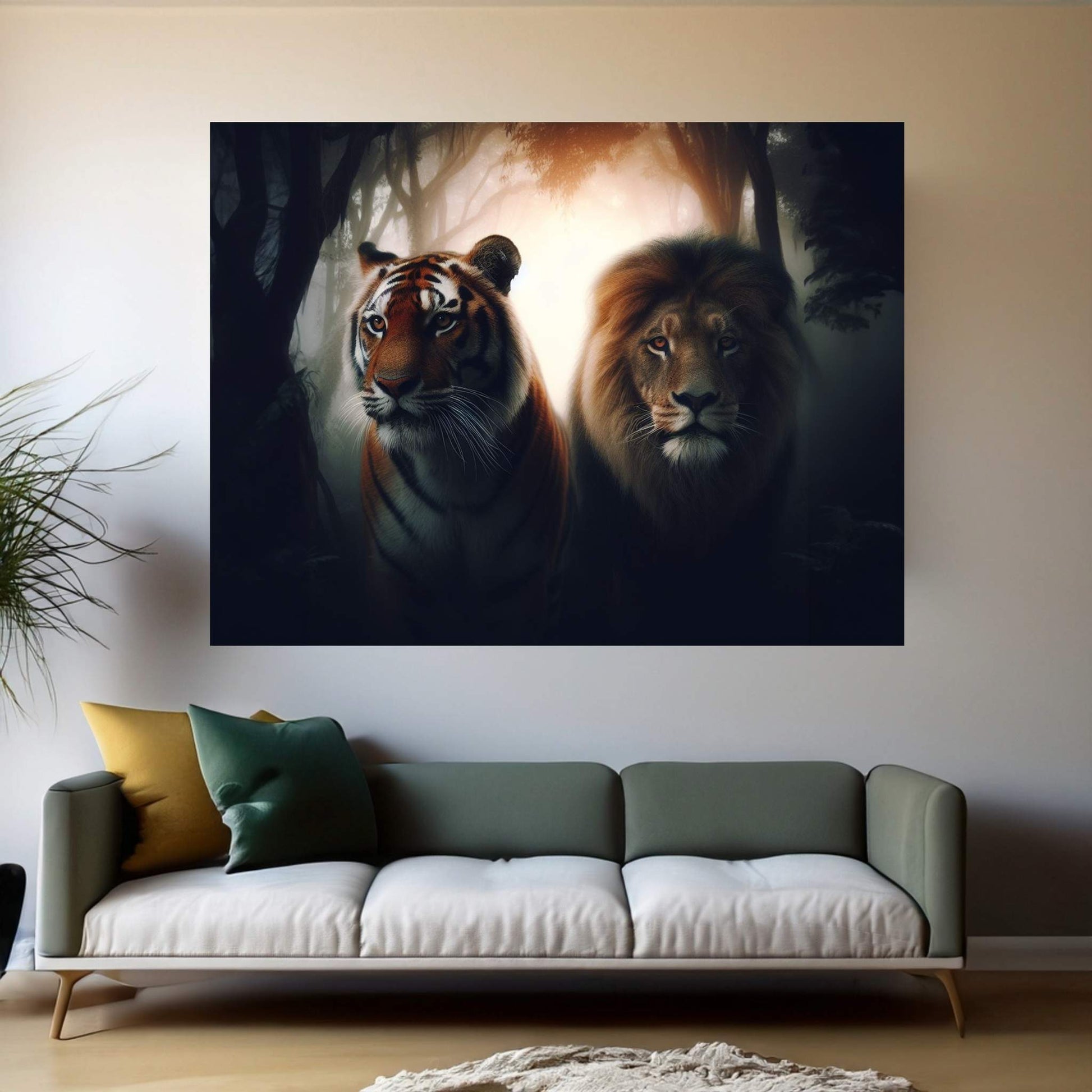 Lion and Tiger Couple Canvas Print Art,Animal Wall Art, Canvas Wall Art - Y Canvas