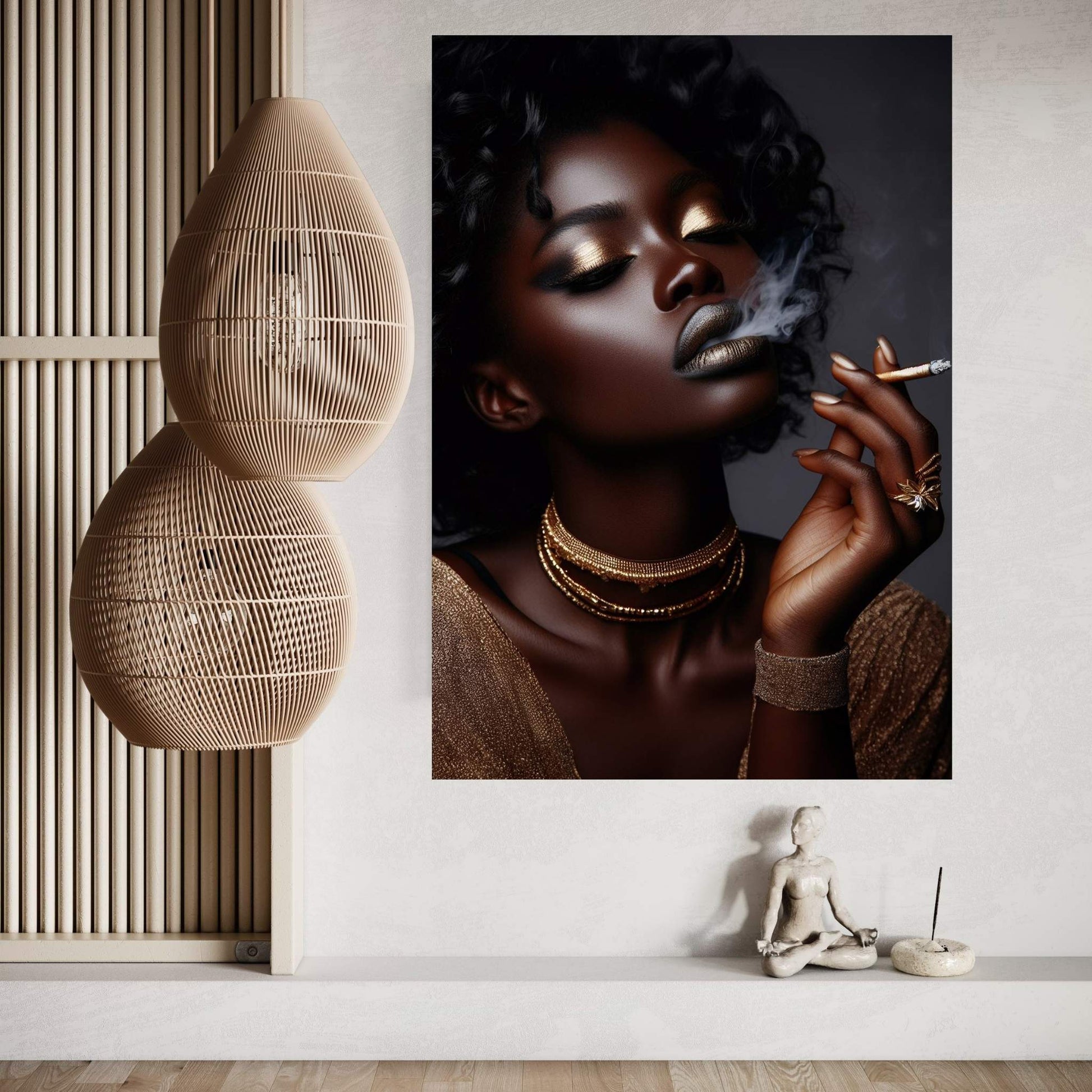 African Black Woman Gold Make-up Smoke Canvas Portrait Canvas Wall Art - Y Canvas