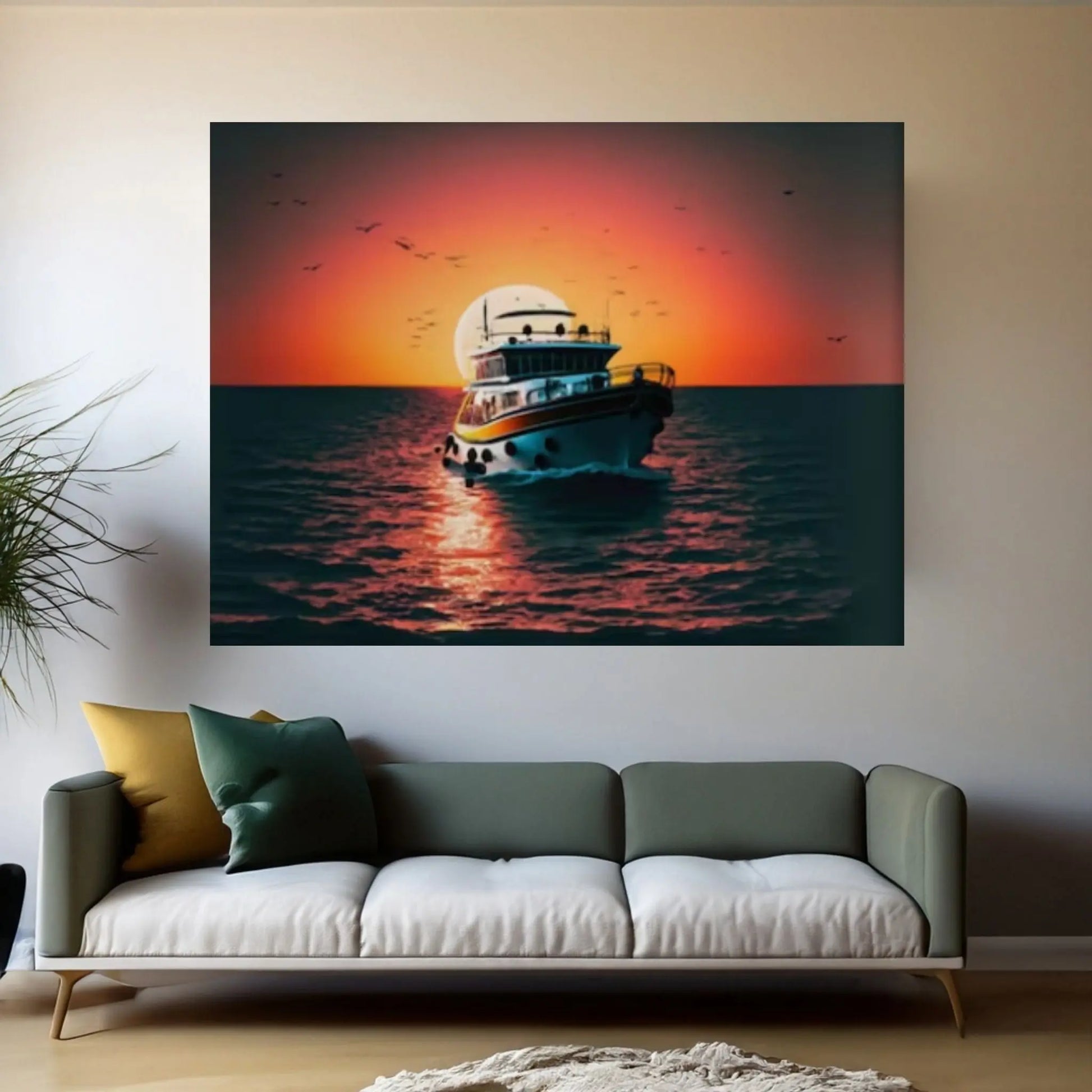 Sunset and Boat Canvas Wall Art, Home Decor Landscape Art Print - Y Canvas