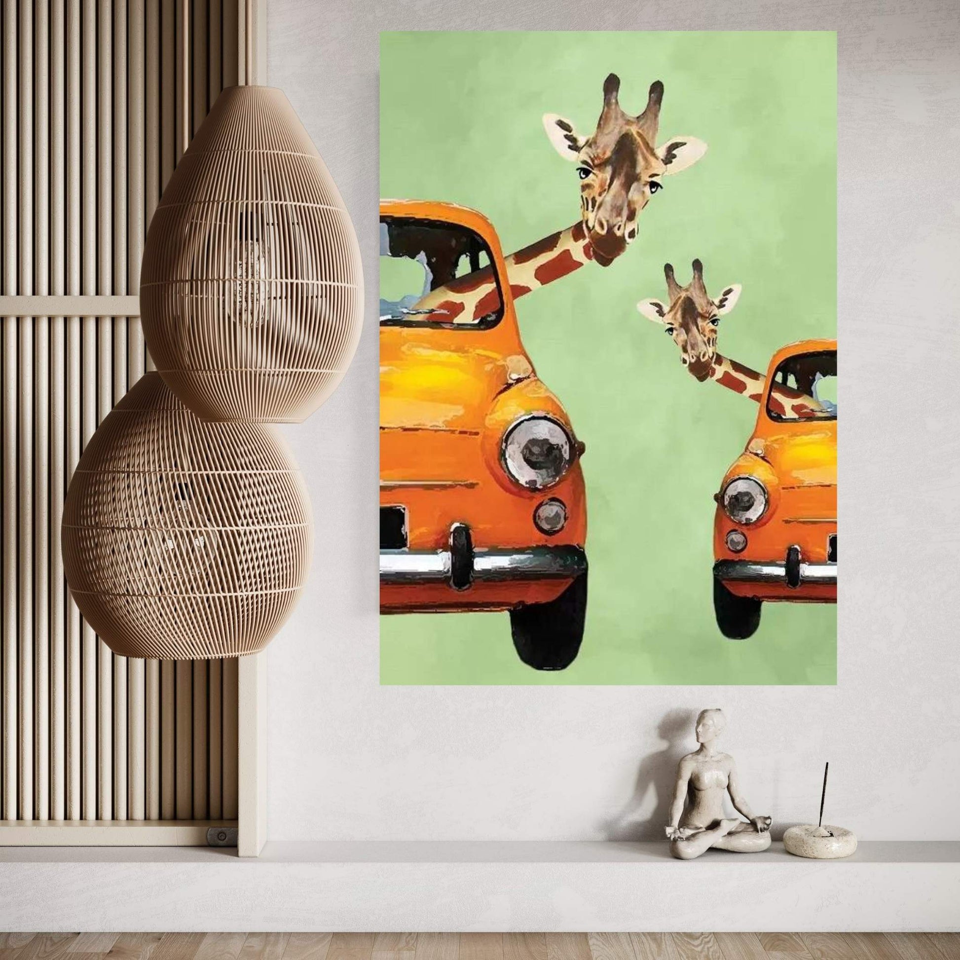 Giraffes In Yellow Cars Canvas Wall Art - Y Canvas