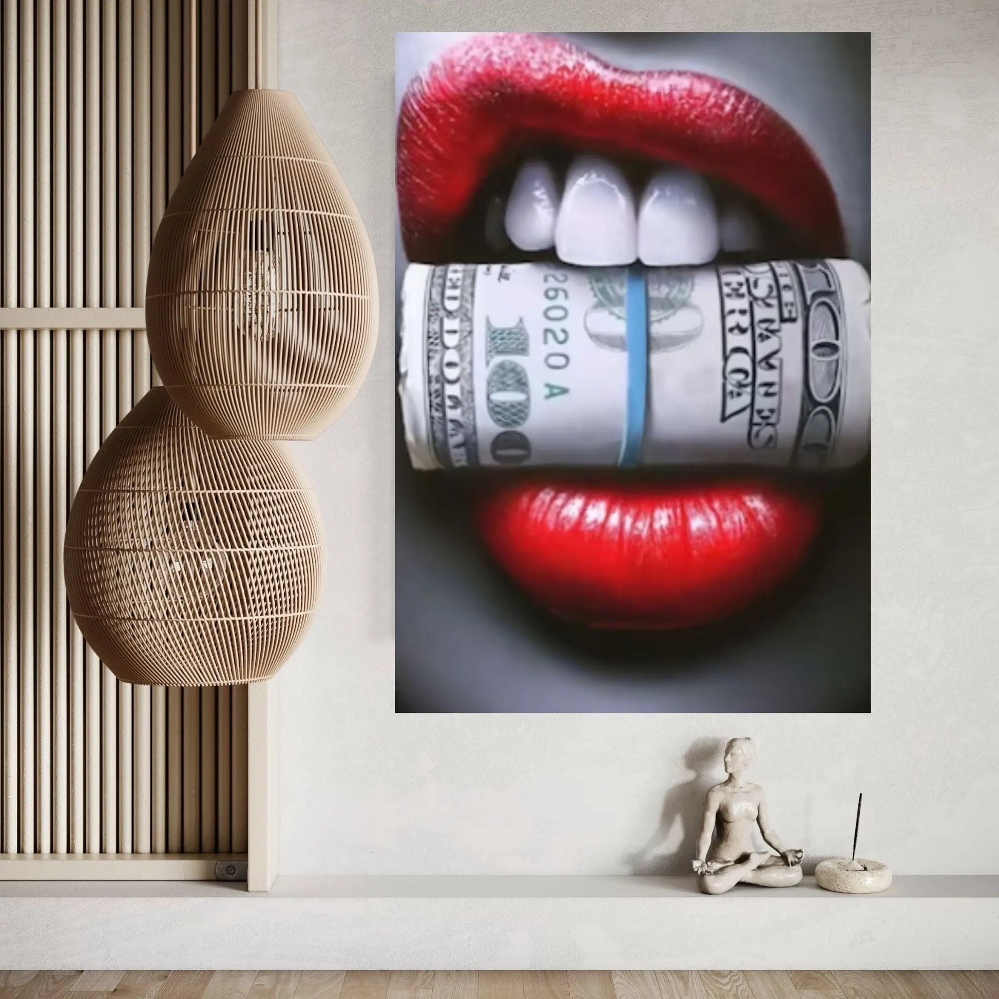 Red Lips Canvas Wall Art, Women Lips Canvas Wall Print, Money Cigar Between Lips Wall Hangings - Y Canvas