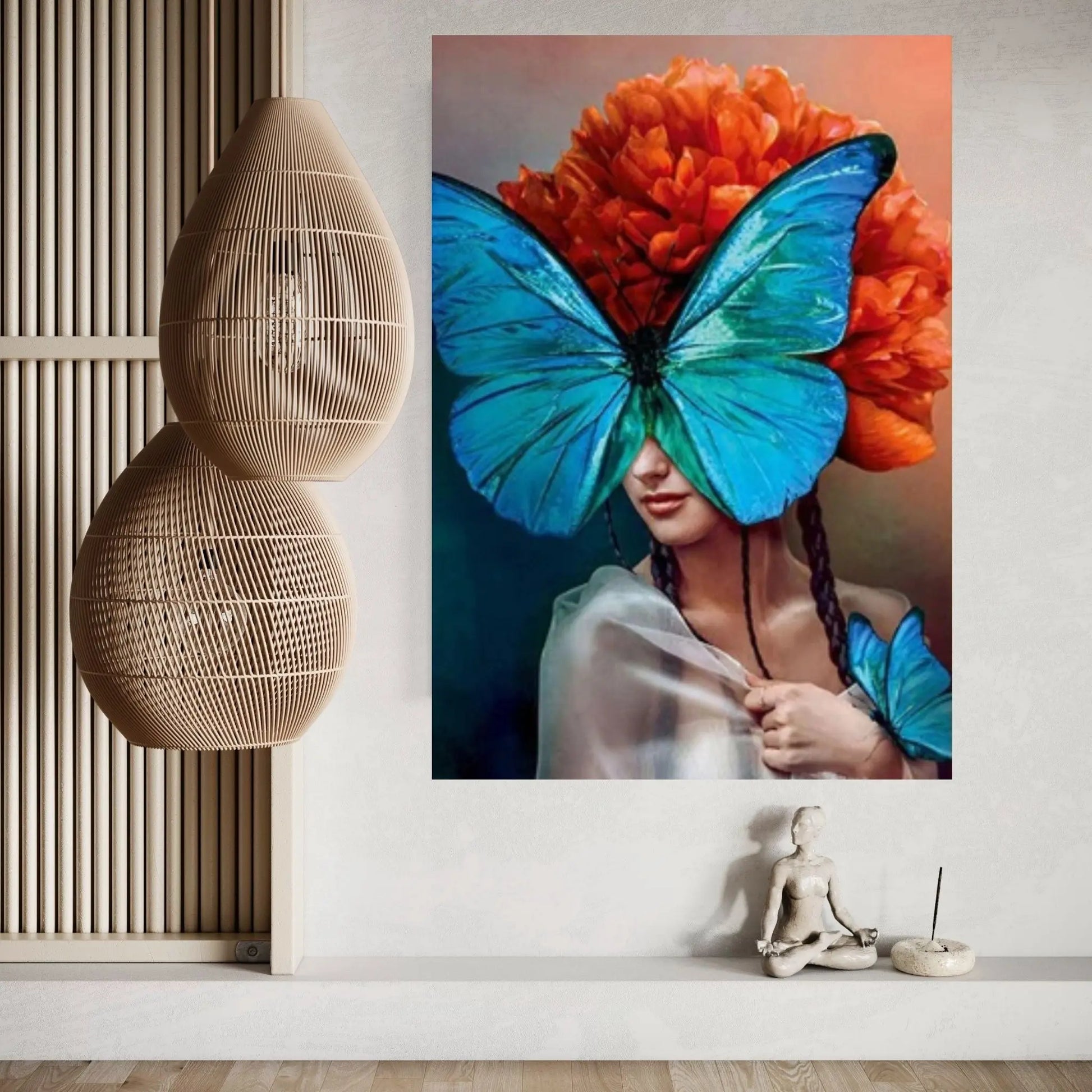 Blue Butterfly and Woman, Canvas Wall Art Print Poster flower woman painting - Y Canvas