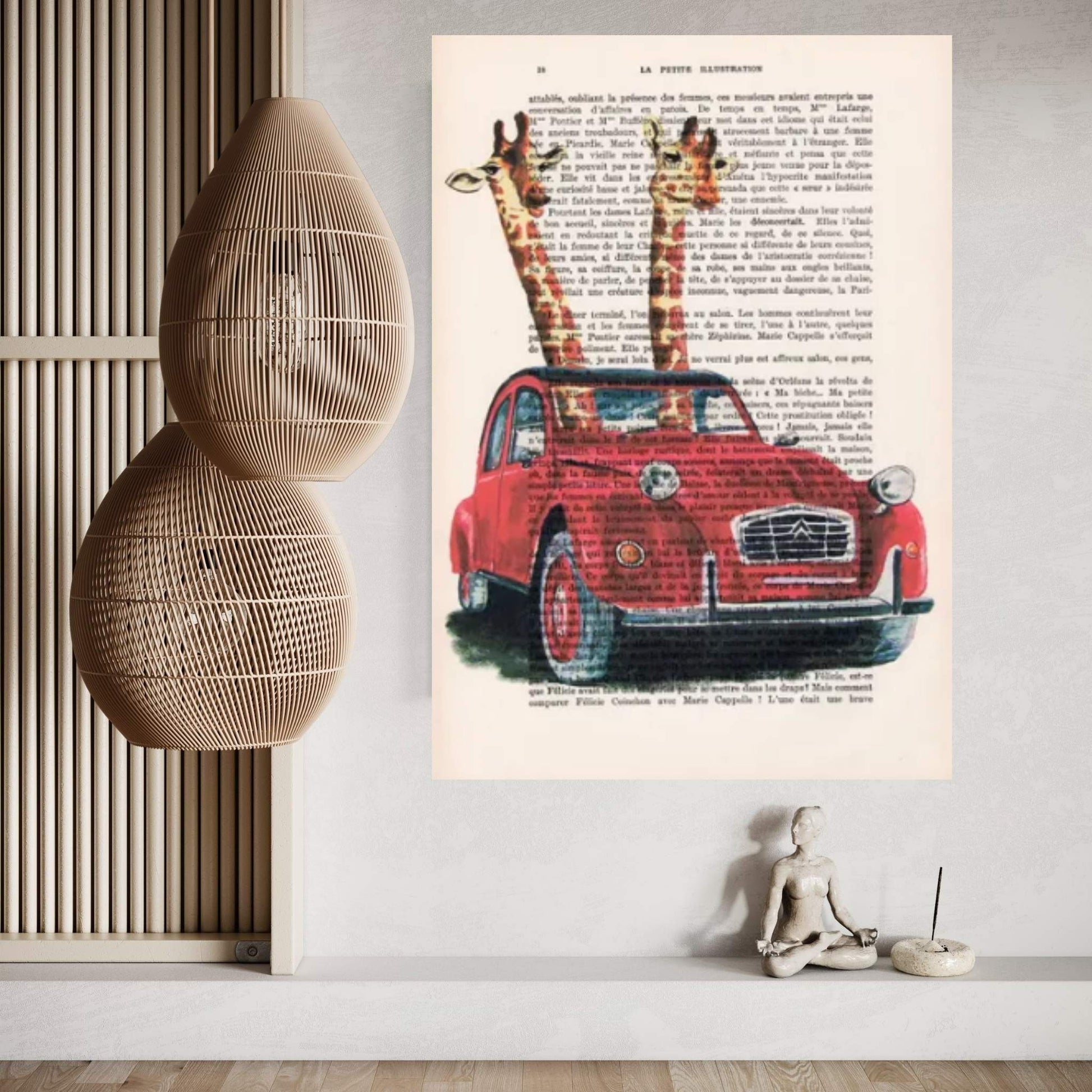 Giraffes In French Red Car Canvas Wall Art - Y Canvas