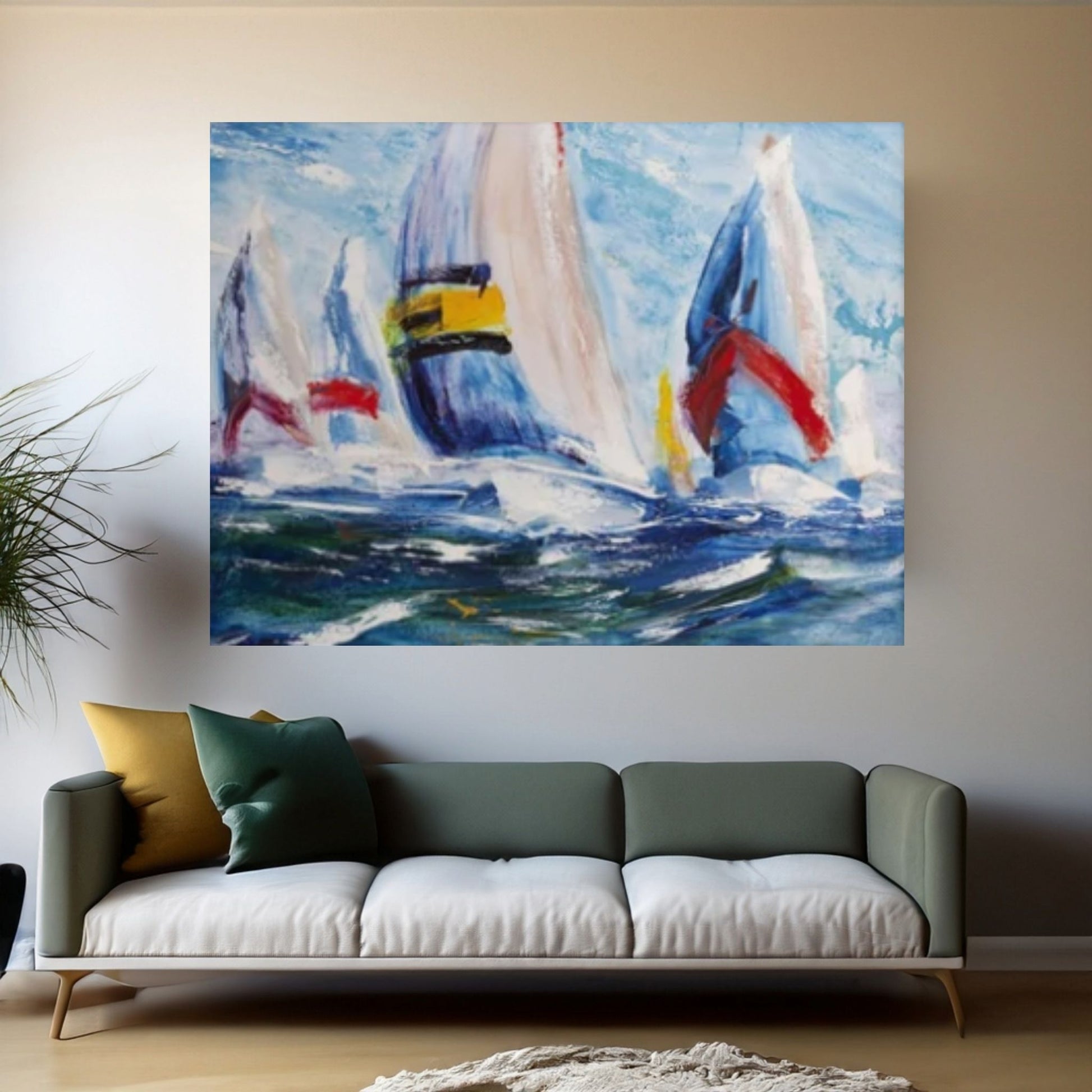 Large Sailboat Party Print Painting On Canvas, Oil Effect Colorful Living Room Wall Art - Y Canvas