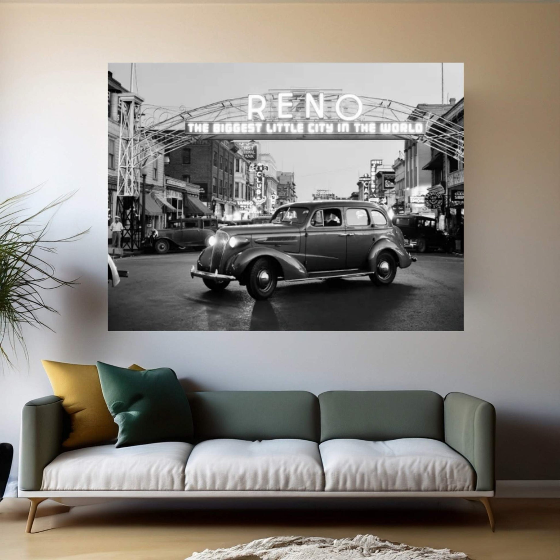 1930s Night Of Arch Over Main Street Reno Nevada Neon Sign The Biggest Little City In The World Canvas Wall Art - Y Canvas