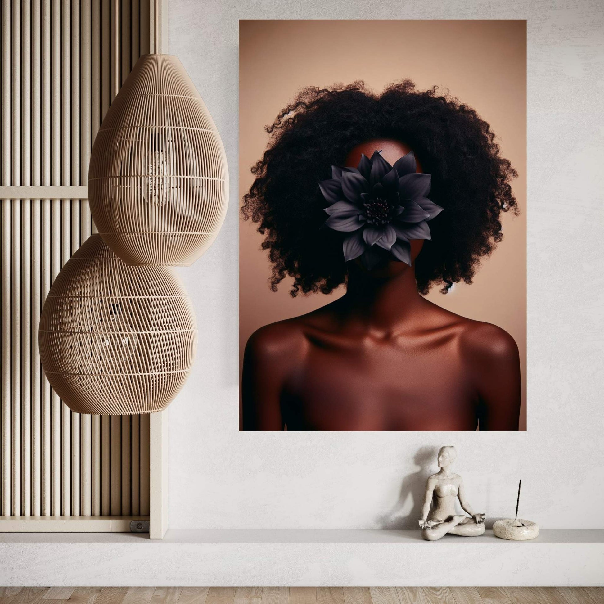 African Black Woman Canvas Flower Portrait Canvas Wall Art - Y Canvas