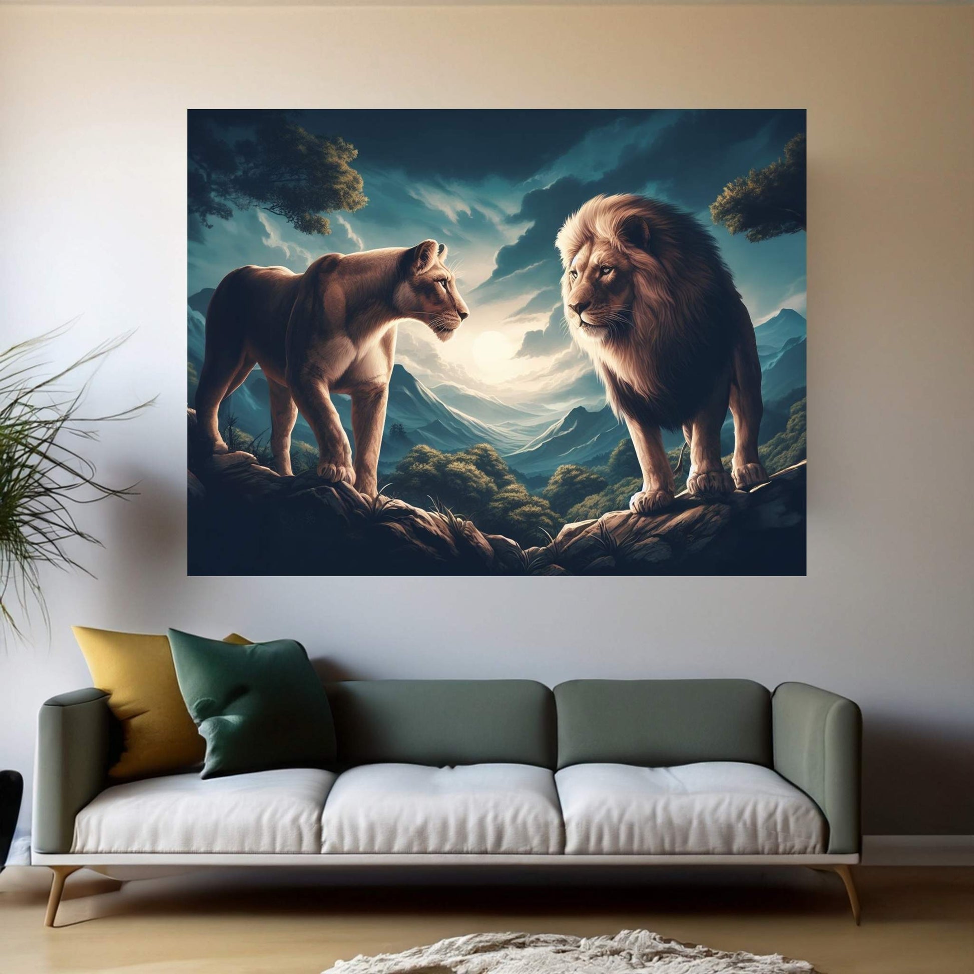 Lion and Tiger Couple Canvas Print Art,Animal Wall Art, Canvas Wall Art - Y Canvas