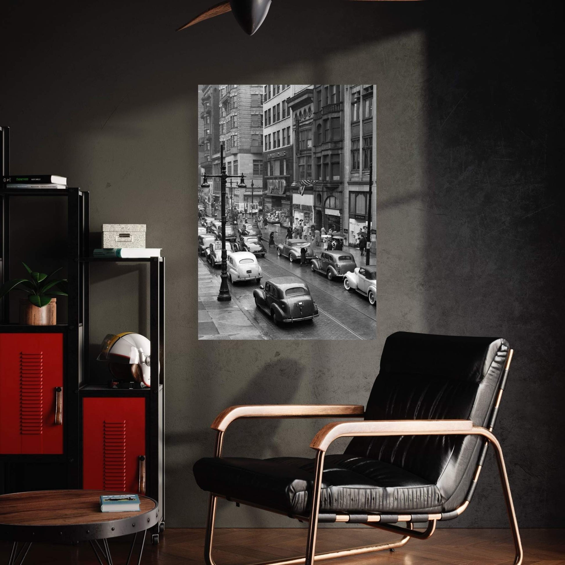1940s Rainy Day On Chestnut Street Philadelphia Pa Cars Pedestrians Storefronts Canvas Wall Art - Y Canvas