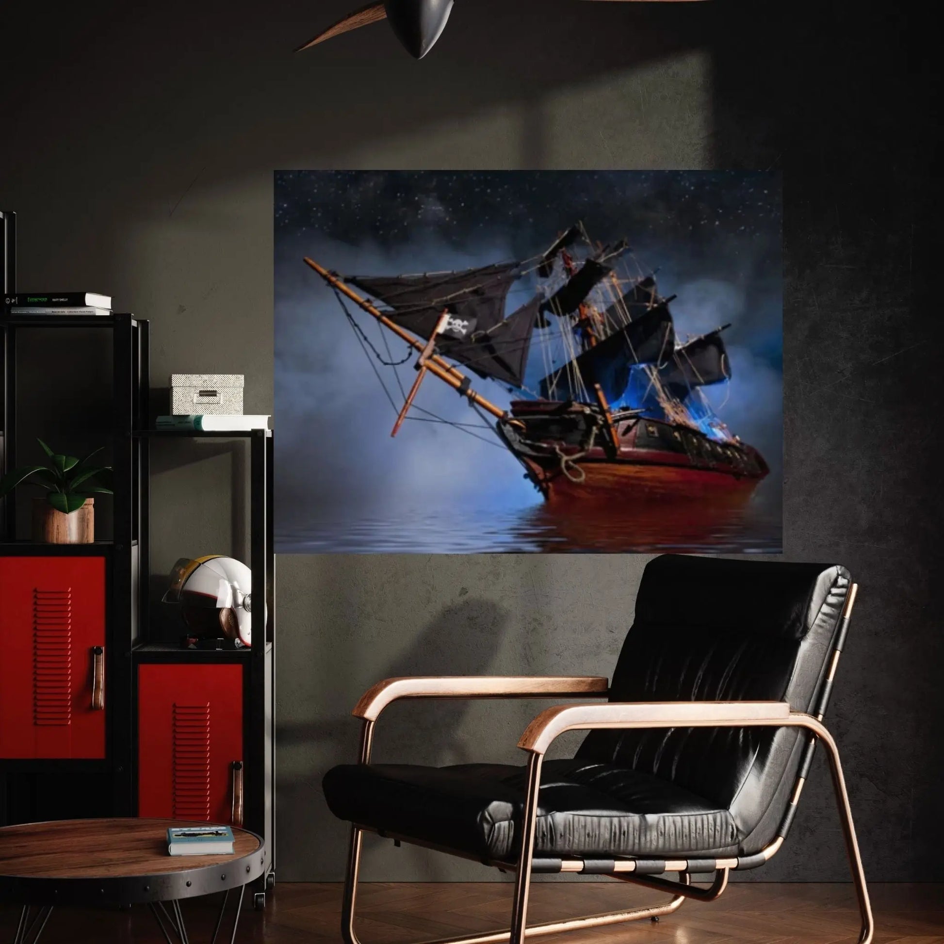 Large Dark Sea Pirates Ship Canvas Wall Art, Pirates Canvas Wall Print, Corsair on Sea Wall Hangings, Dark Colours Boat Room Decor - Y Canvas