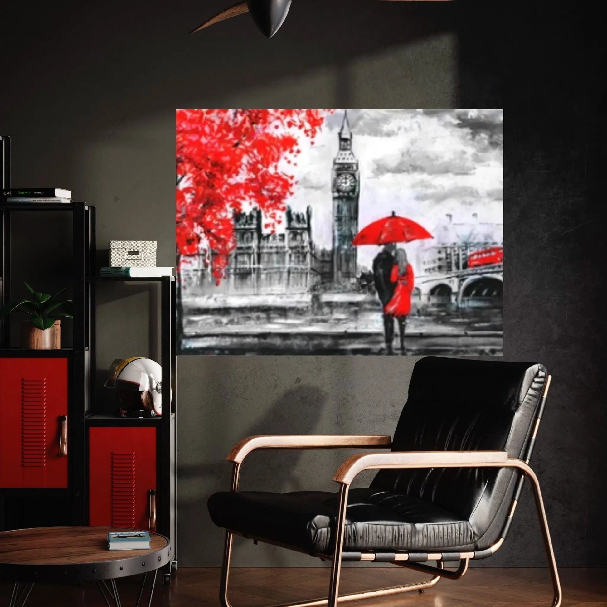 England Bridge illustration Man and woman under red umbrella photo London street Oil painting Canvas Wall Art - Y Canvas