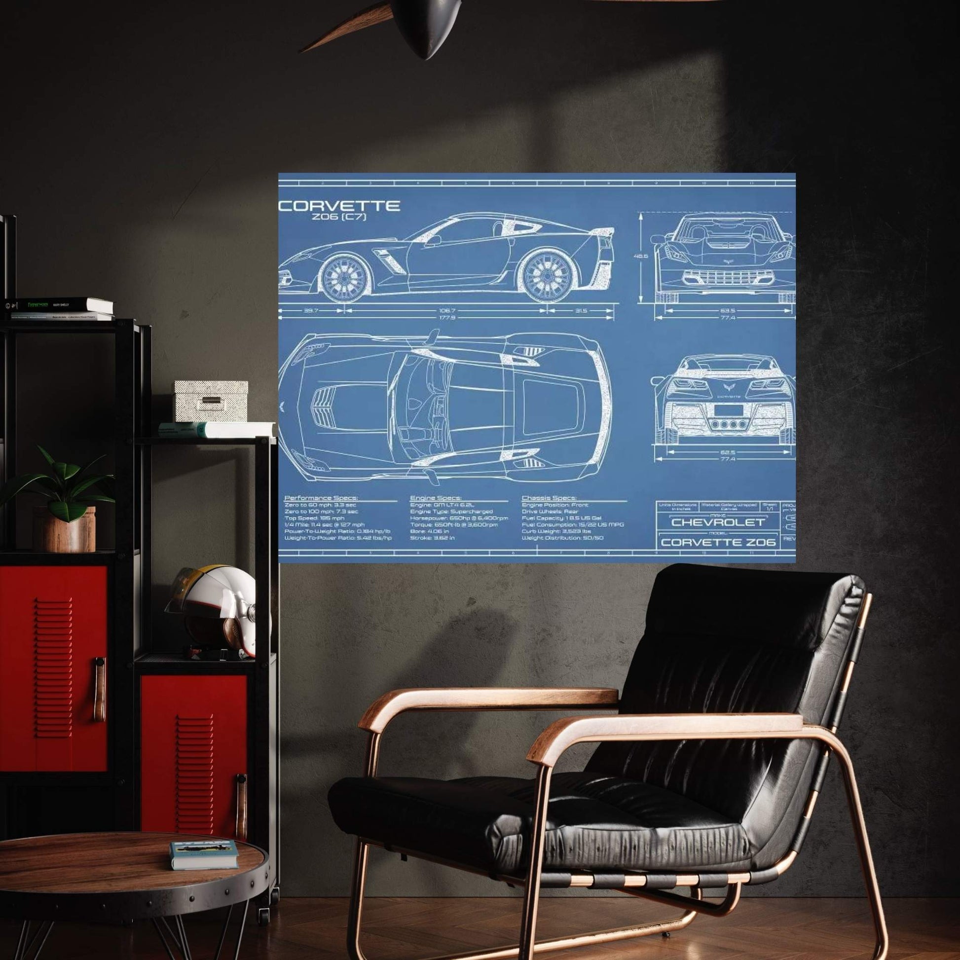 Corvette (C7) Z06 Blueprint Canvas Wall Art - Y Canvas