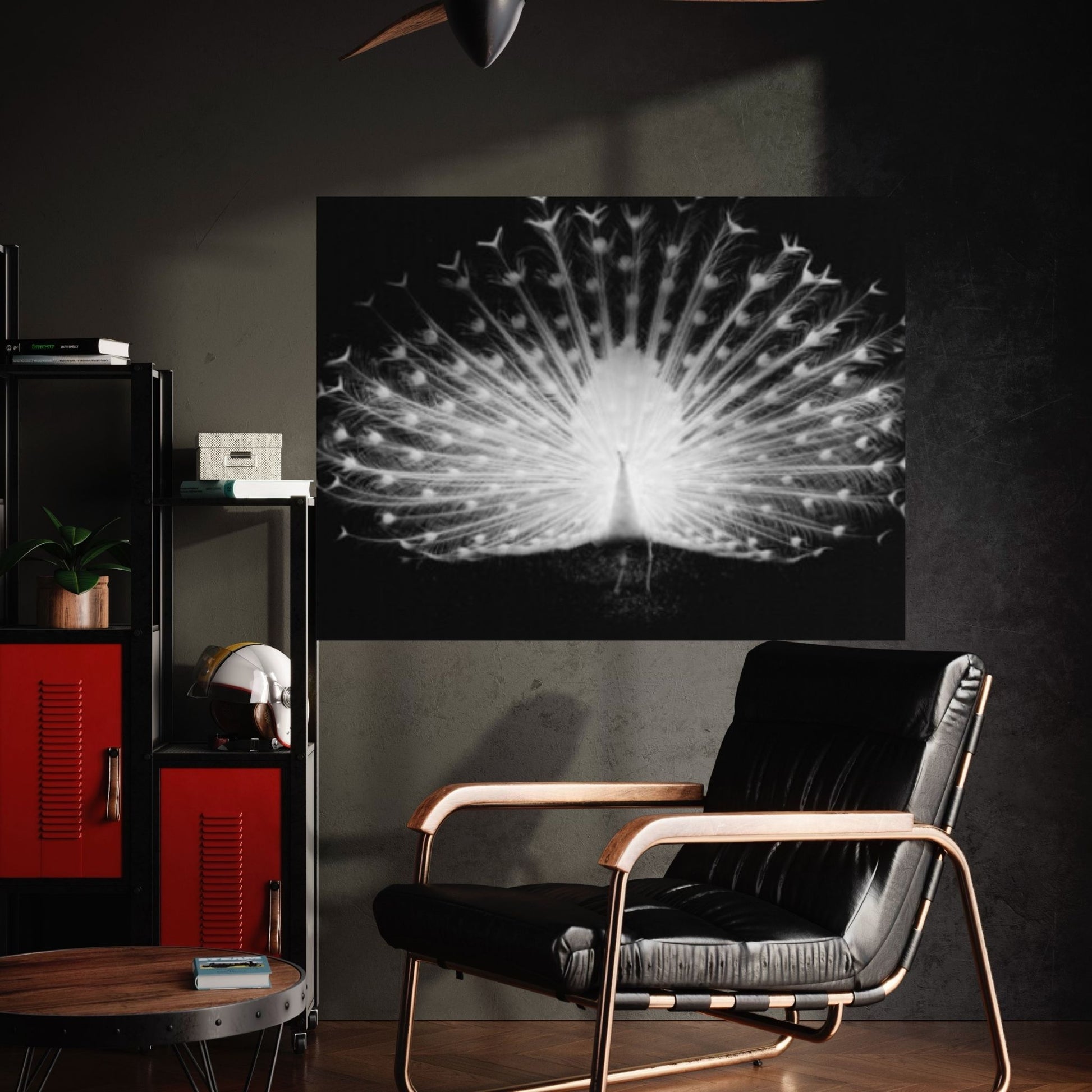Peacock Black - White on Canvas, Office Decor Wall Art - Y Canvas