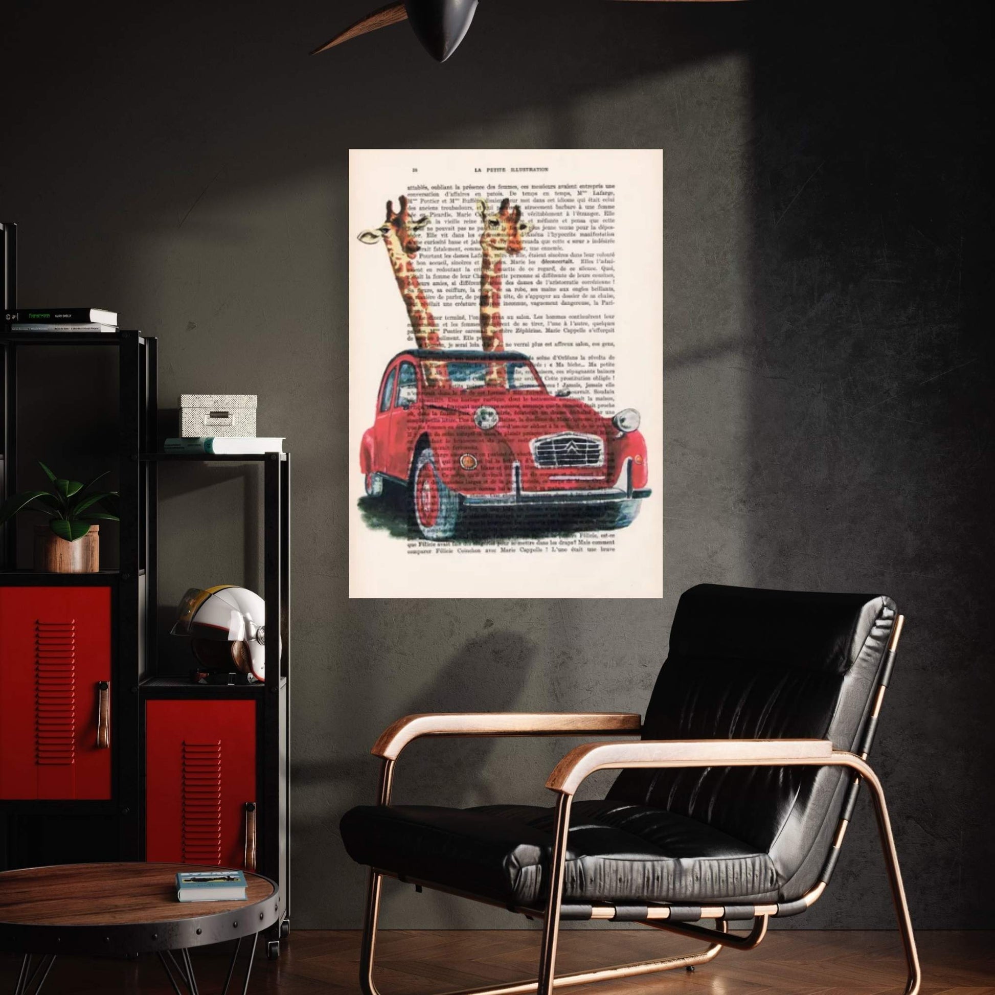 Giraffes In French Red Car Canvas Wall Art - Y Canvas