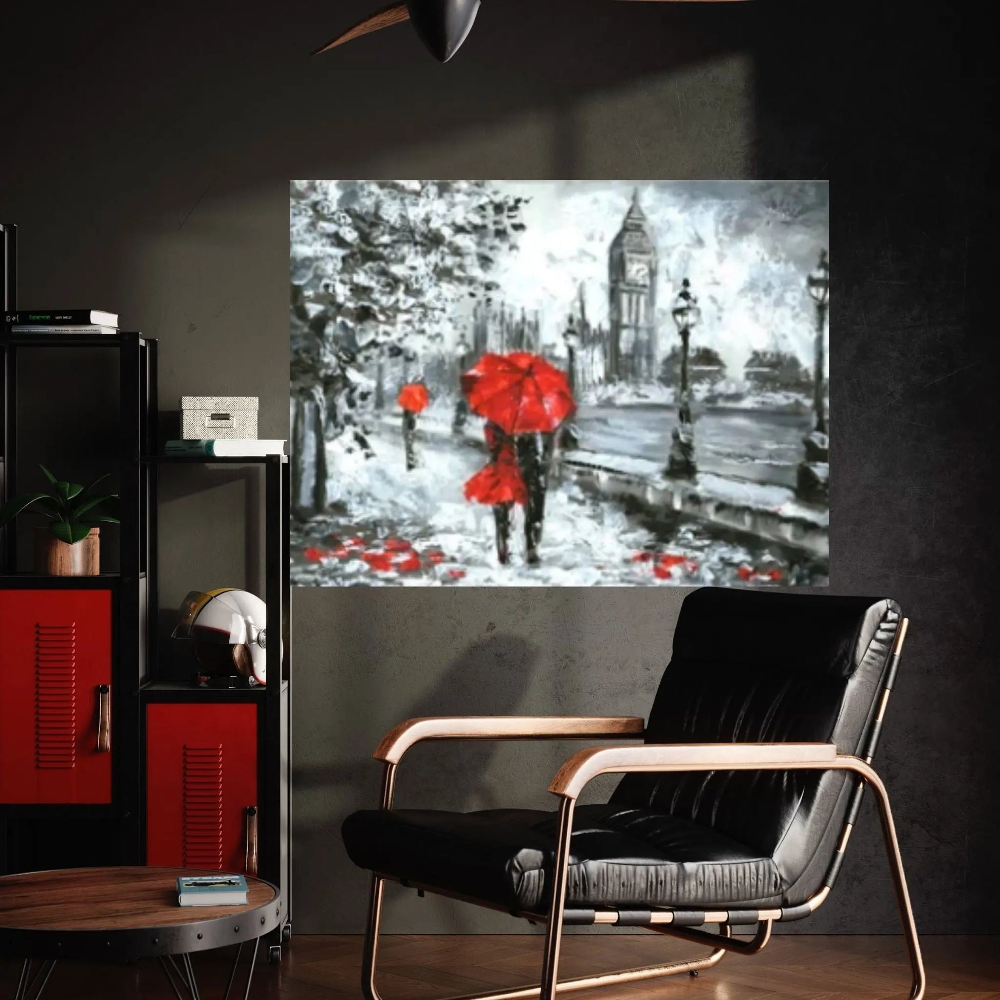 England Bridge illustration Man and woman under red umbrella photo London street Oil painting Canvas Wall Art - Y Canvas