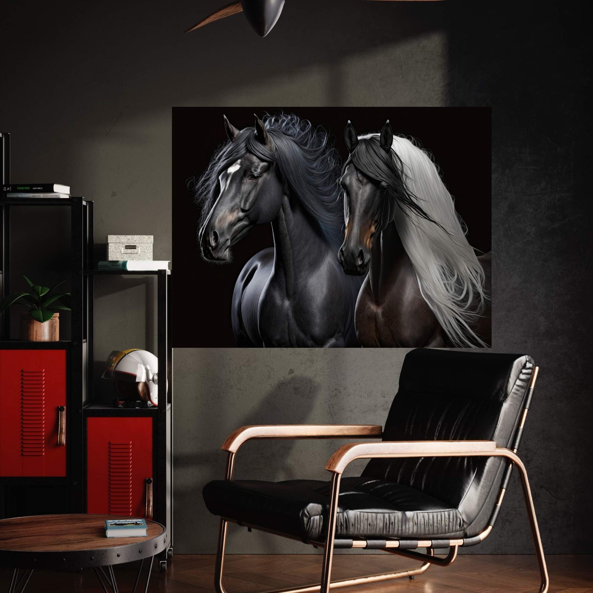Brown and Black Horse Double Horse Canvas Wall Art Animal Art - Y Canvas