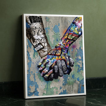 Vibrant Graffiti Handshake On Textured Wall Canvas Wall Art