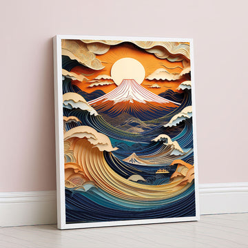 Dramatic Mount Fuji At Sunset With Waves Canvas Wall Art