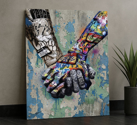 Vibrant Graffiti Handshake On Textured Wall Canvas Wall Art