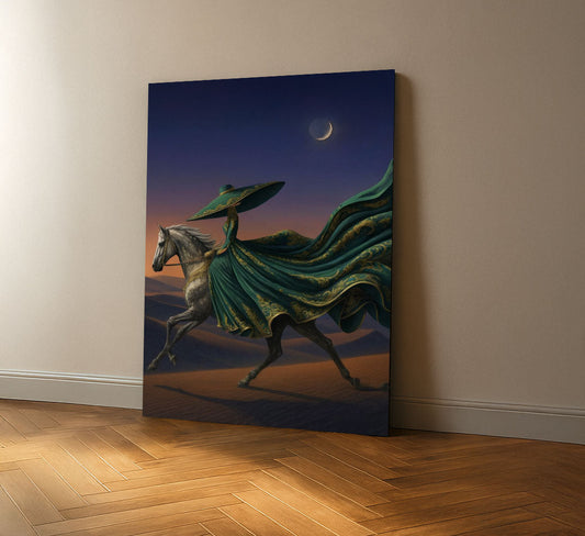 Majestic Woman In Flowing Green Gown On Horse Canvas Wall Art