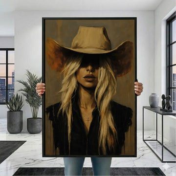 Mysterious Blonde Woman In Cowboy Hat Canvas Wall Art