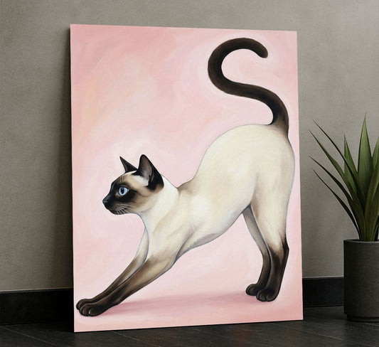 Graceful Siamese Cat Stretching On Pink Canvas Wall Art